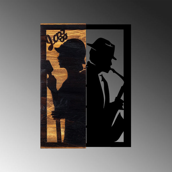 Decoratiune perete JAZZ, negru/stejar, metal/lemn, 32x3x50 cm