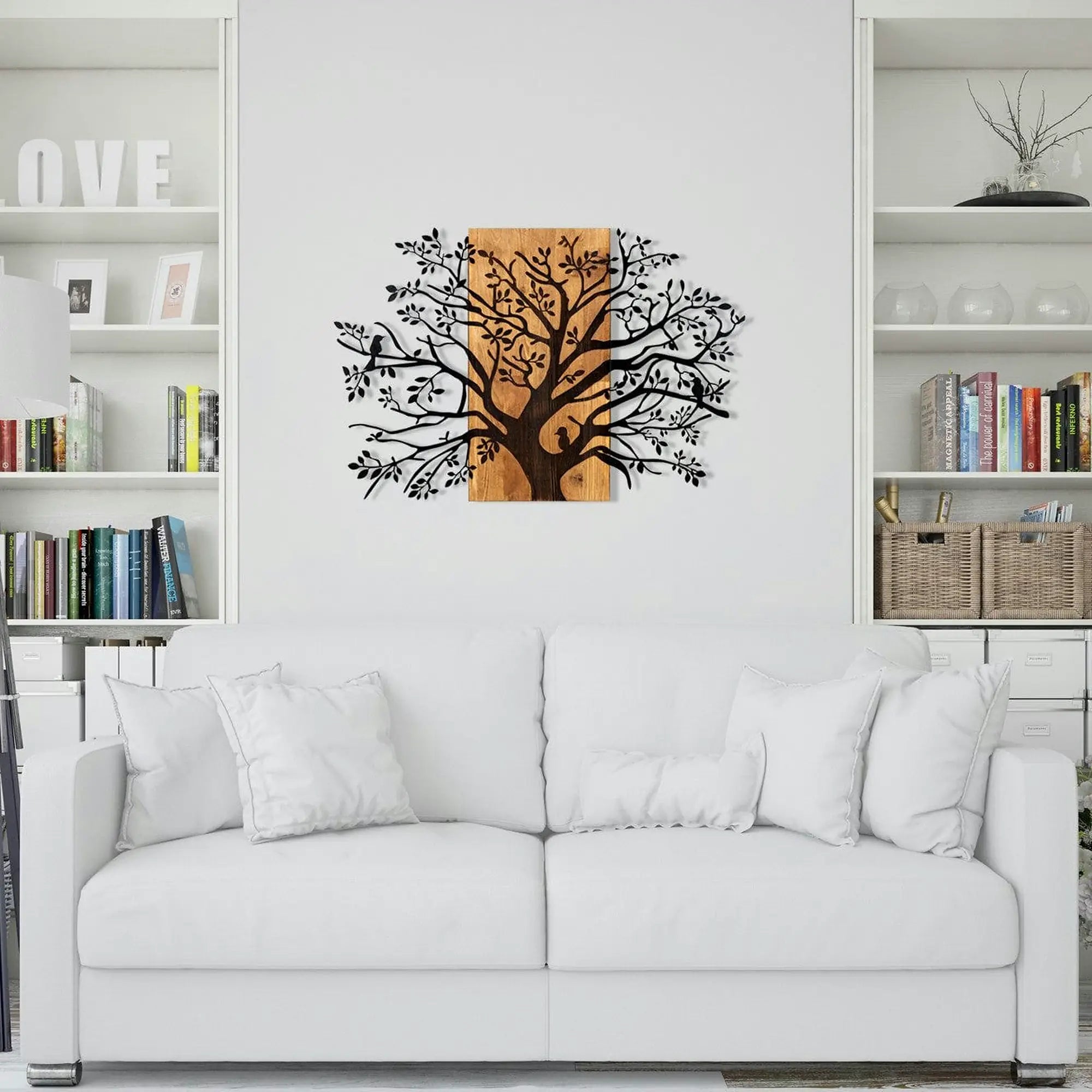 Decoratiune perete KAVAK, negru/stejar, metal/lemn, 85x58 cm