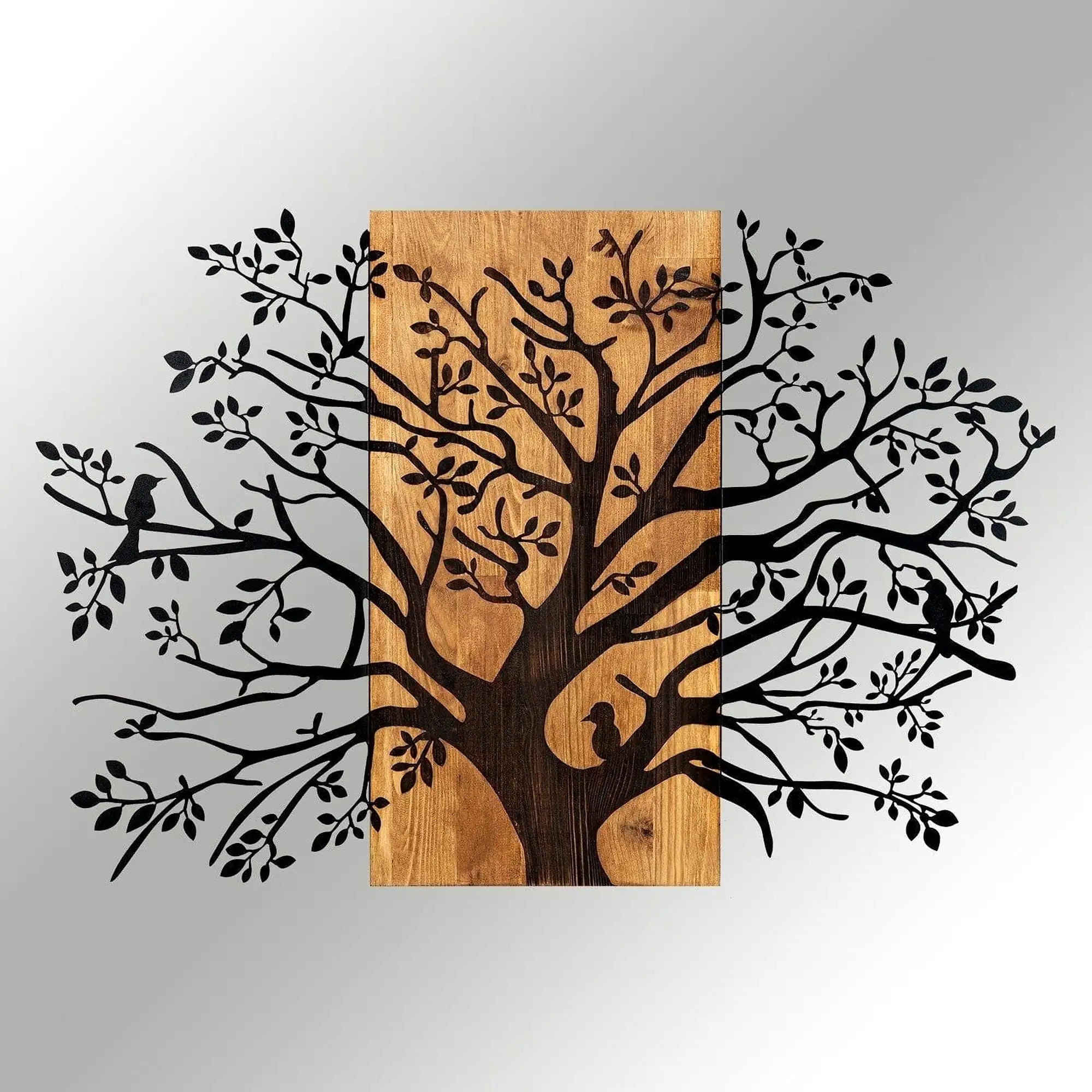 Decoratiune perete KAVAK, negru/stejar, metal/lemn, 85x58 cm