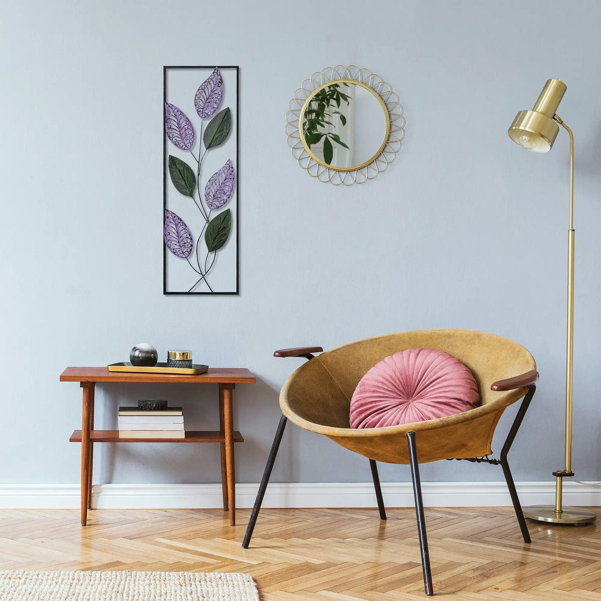 Decoratiune perete LEAF, verde/mov, metal, 32x90 cm