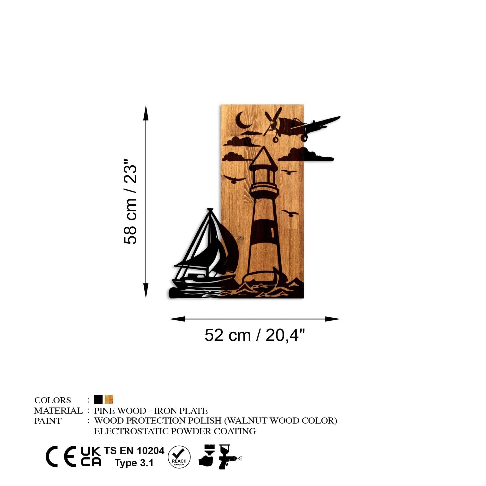 Decoratiune perete LIGHTHOUSE, negru/stejar, metal/lemn, 52x3x58 cm