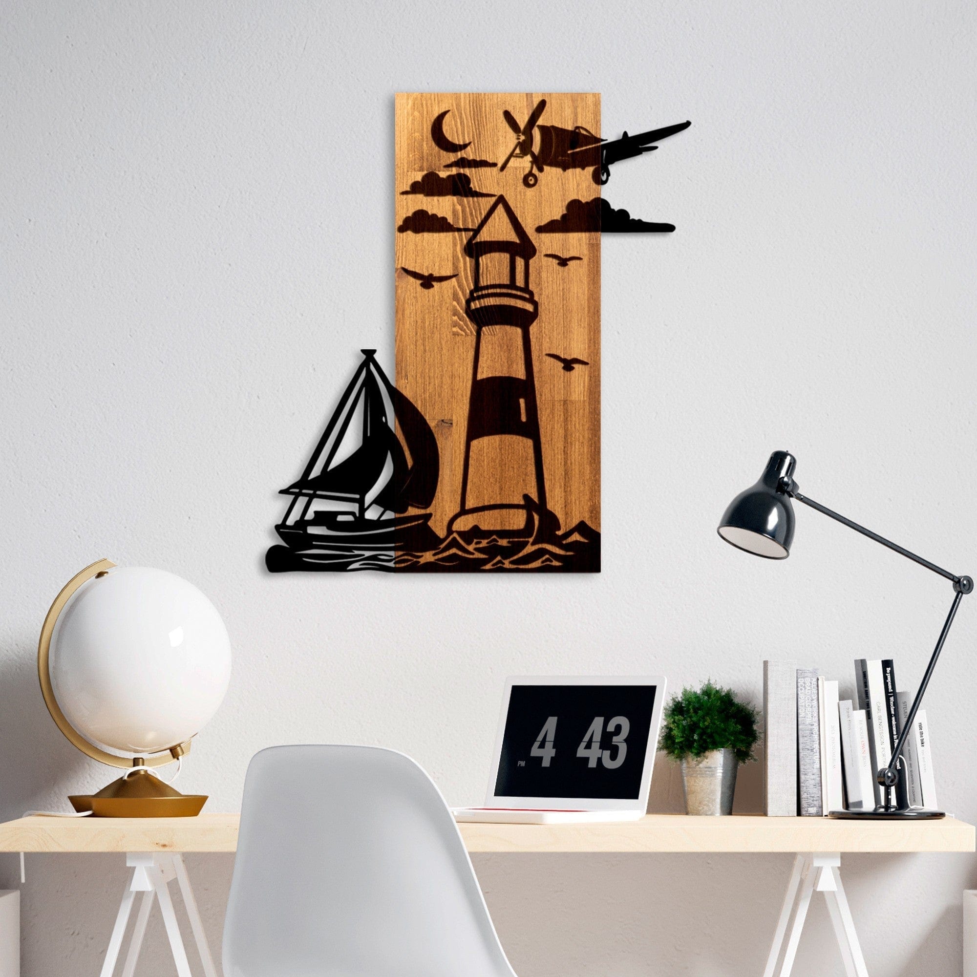 Decoratiune perete LIGHTHOUSE, negru/stejar, metal/lemn, 52x3x58 cm