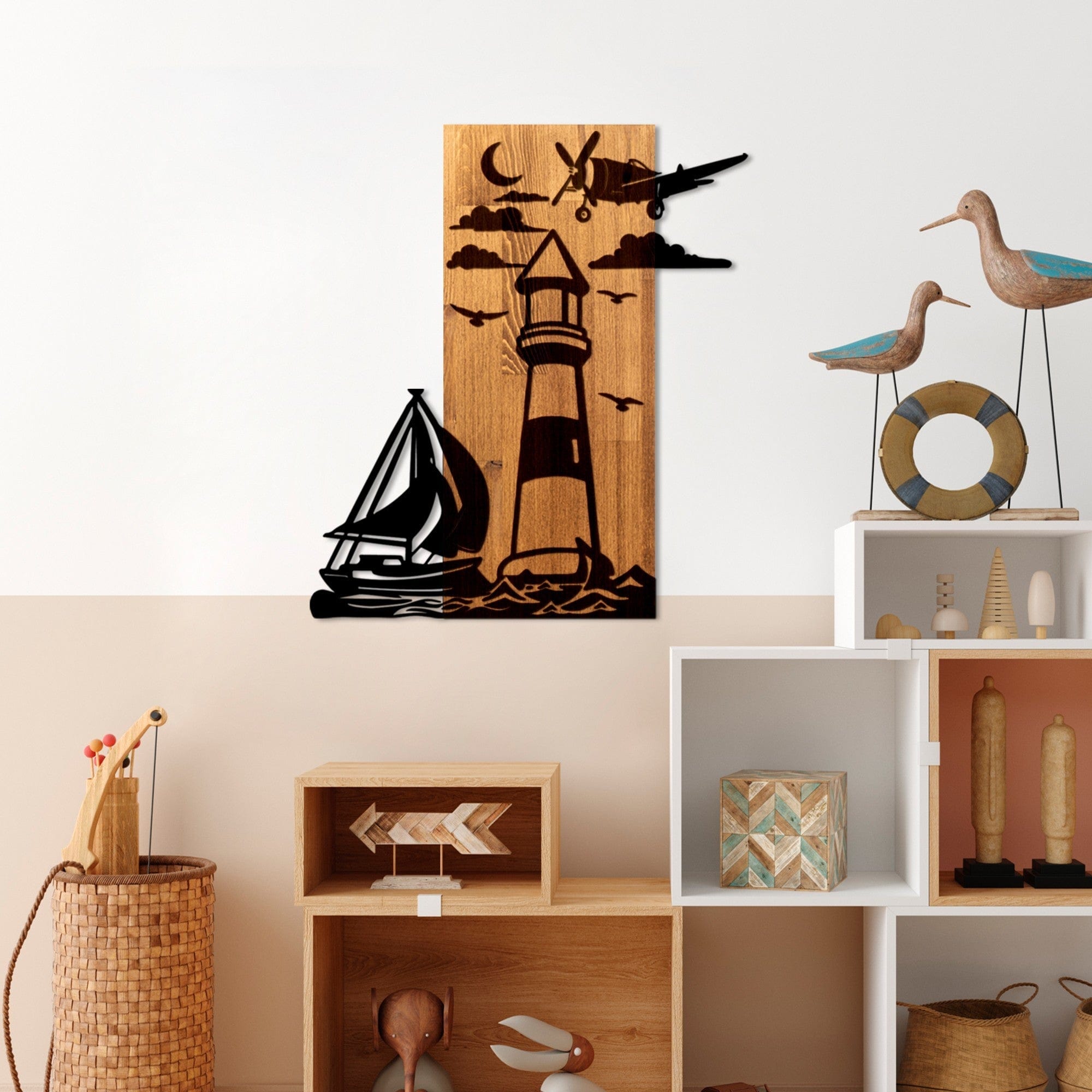 Decoratiune perete LIGHTHOUSE, negru/stejar, metal/lemn, 52x3x58 cm