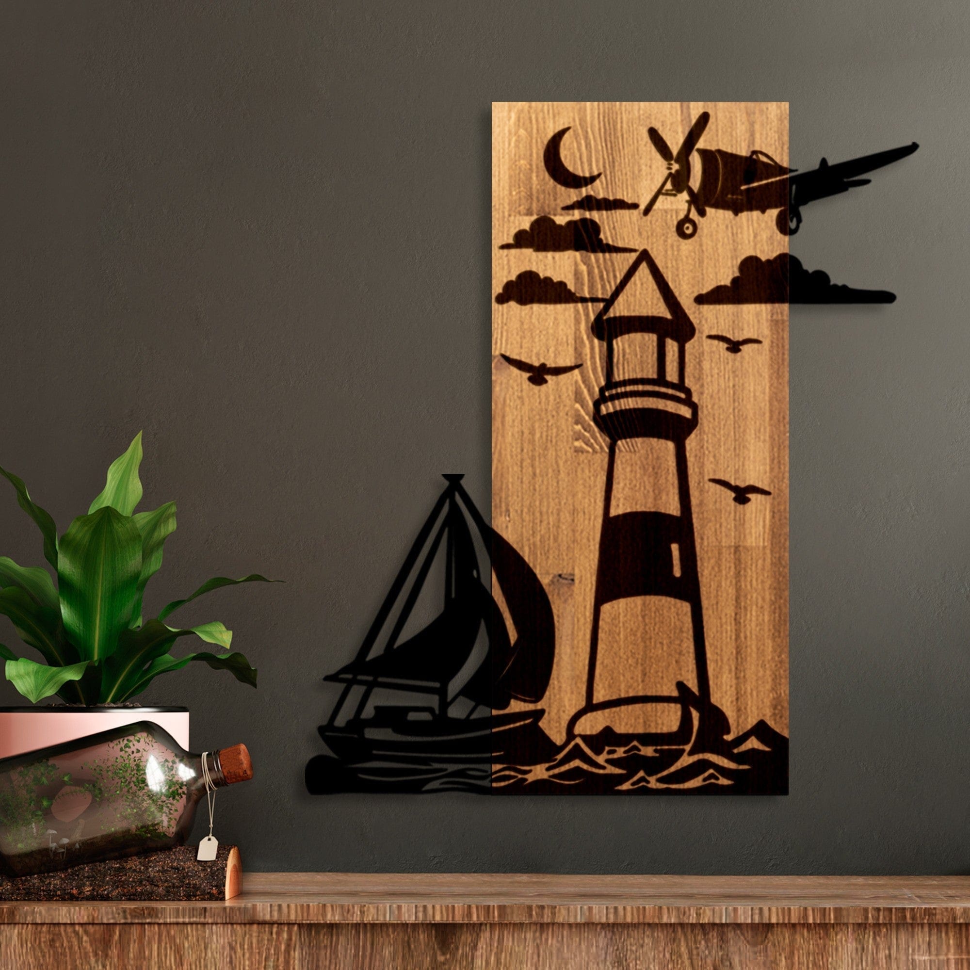 Decoratiune perete LIGHTHOUSE, negru/stejar, metal/lemn, 52x3x58 cm
