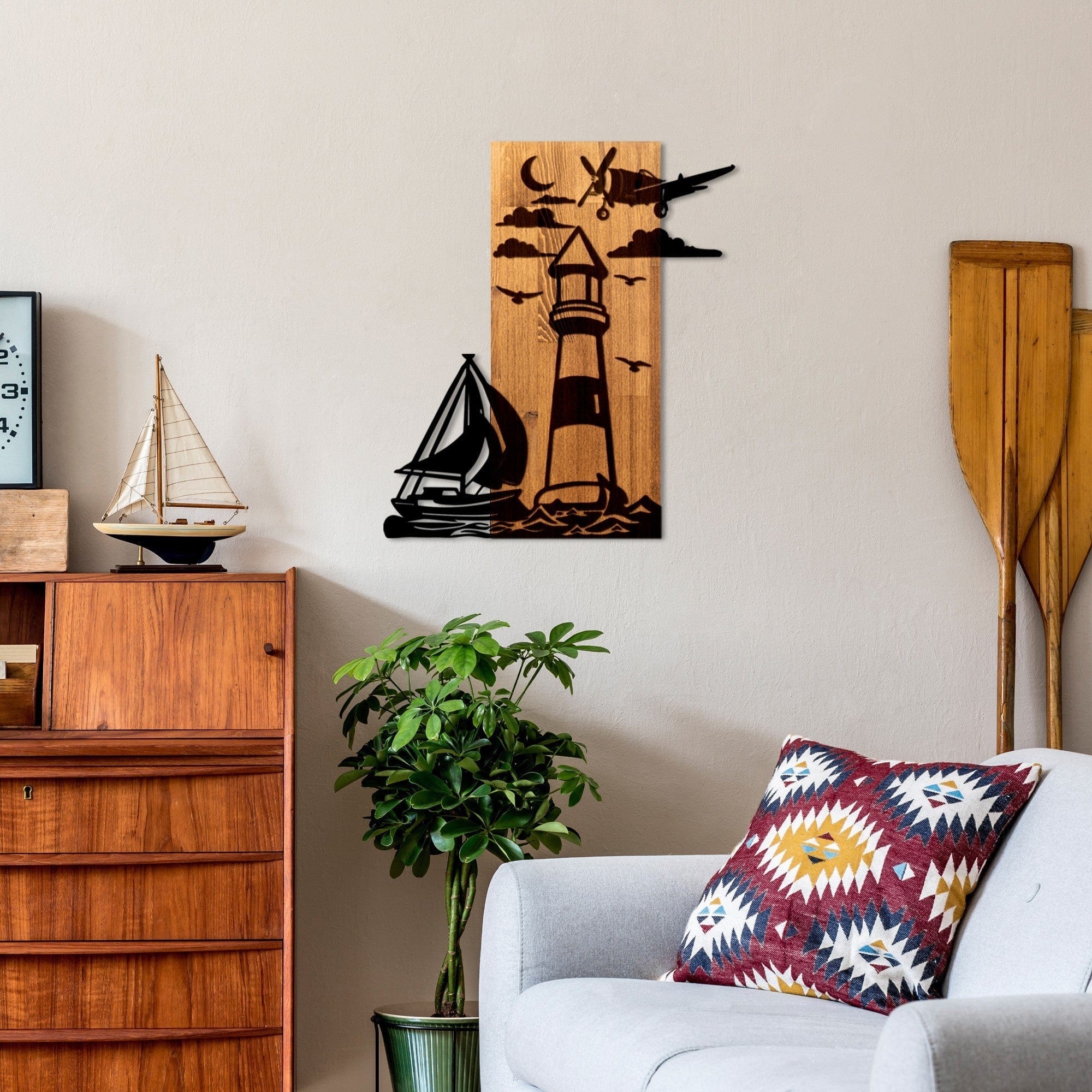 Decoratiune perete LIGHTHOUSE, negru/stejar, metal/lemn, 52x3x58 cm