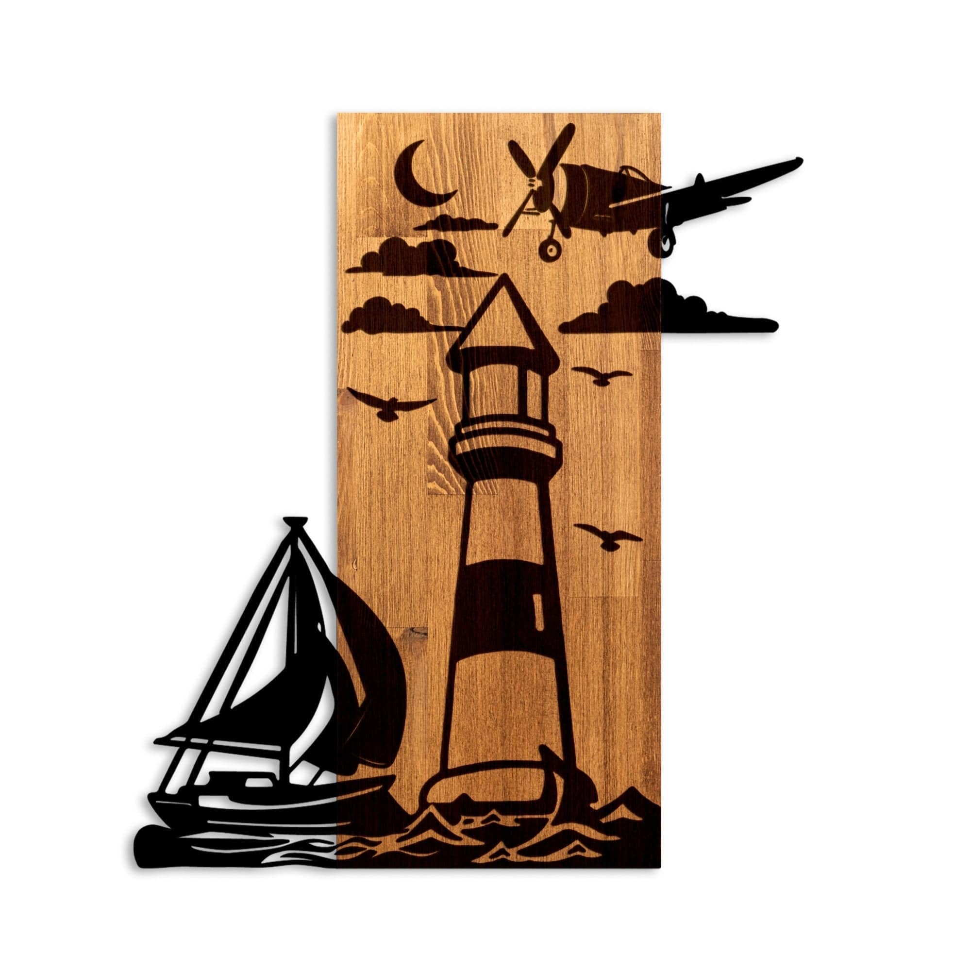 Decoratiune perete LIGHTHOUSE, negru/stejar, metal/lemn, 52x3x58 cm
