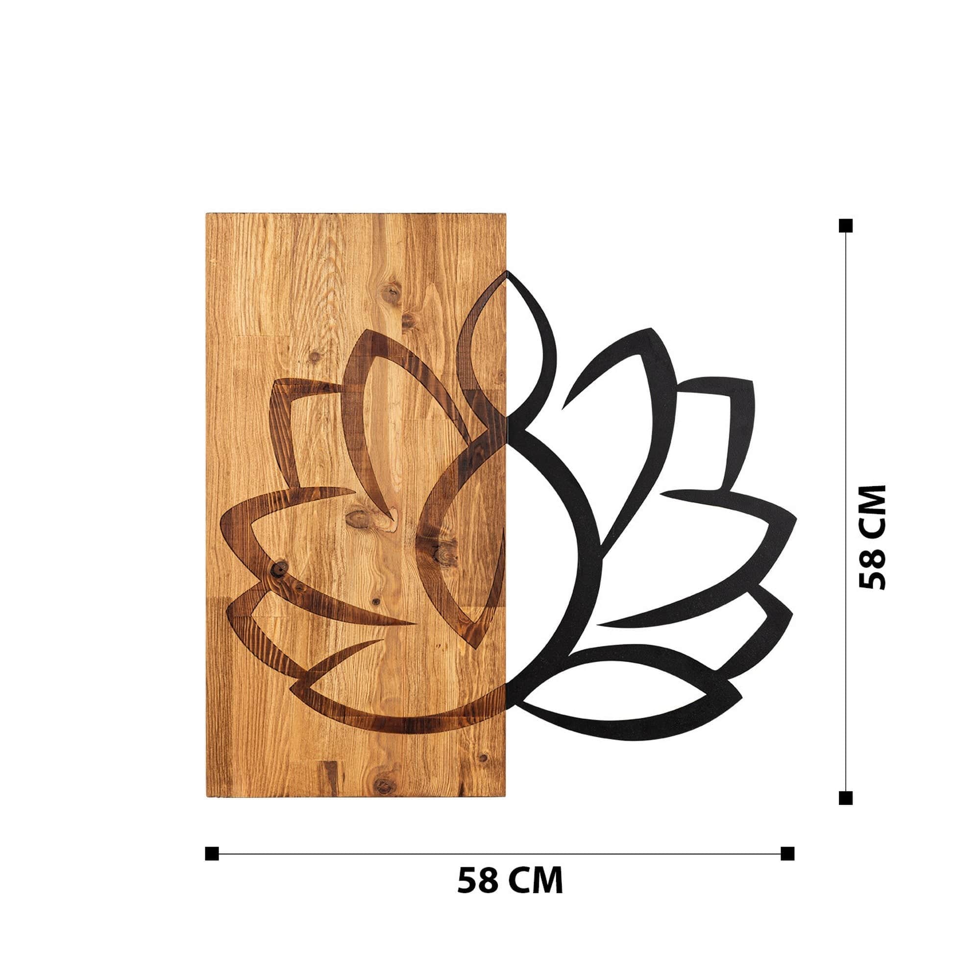 Decoratiune perete LOTUS, negru/stejar, metal/lemn, 58x58 cm