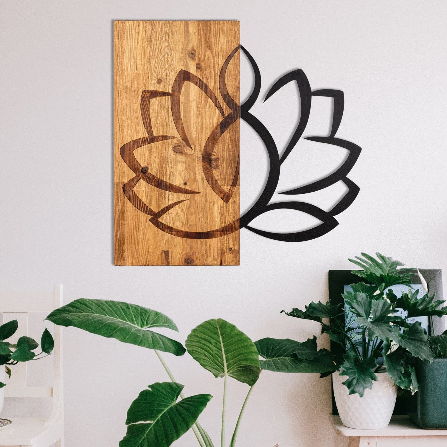 Decoratiune perete LOTUS, negru/stejar, metal/lemn, 58x58 cm