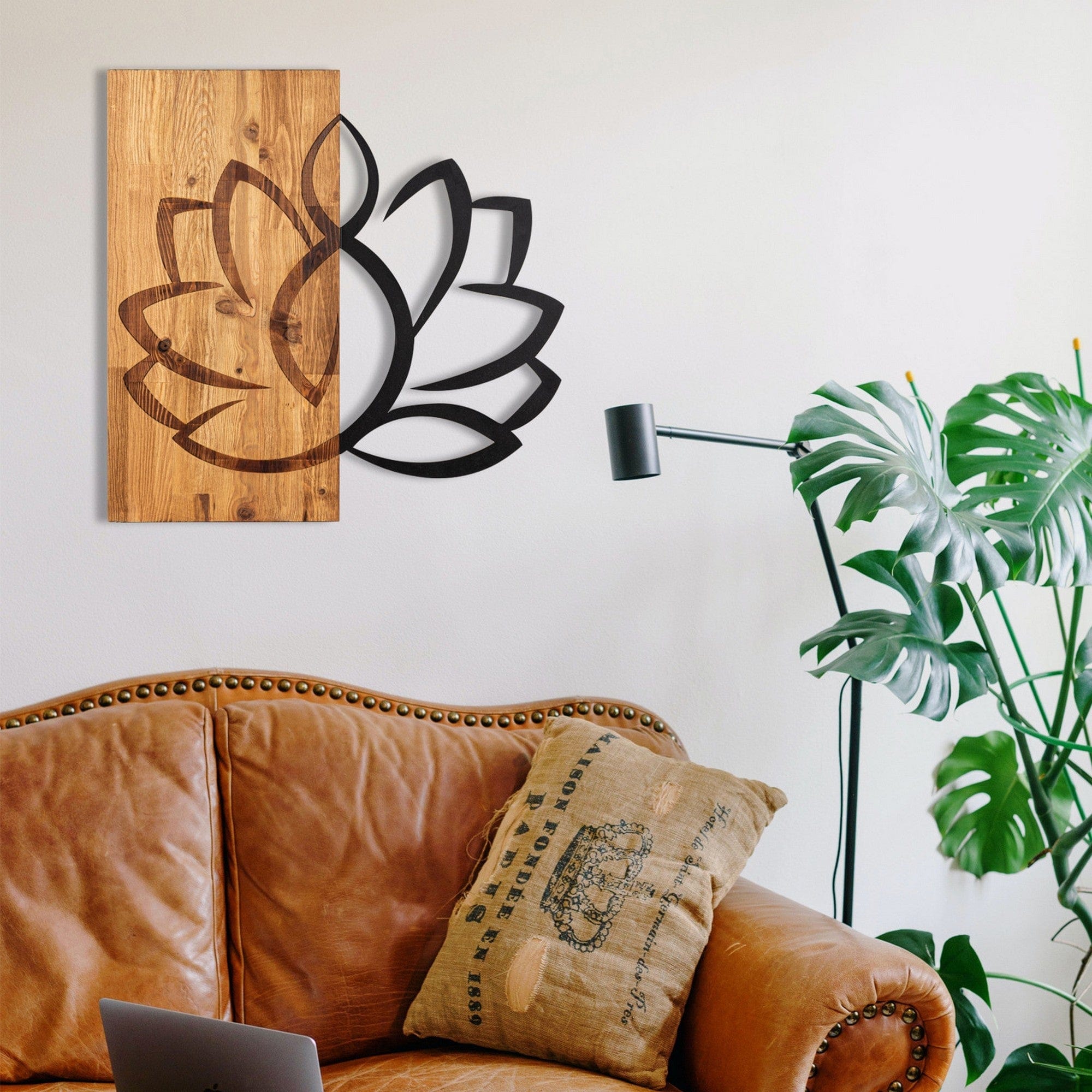 Decoratiune perete LOTUS, negru/stejar, metal/lemn, 58x58 cm