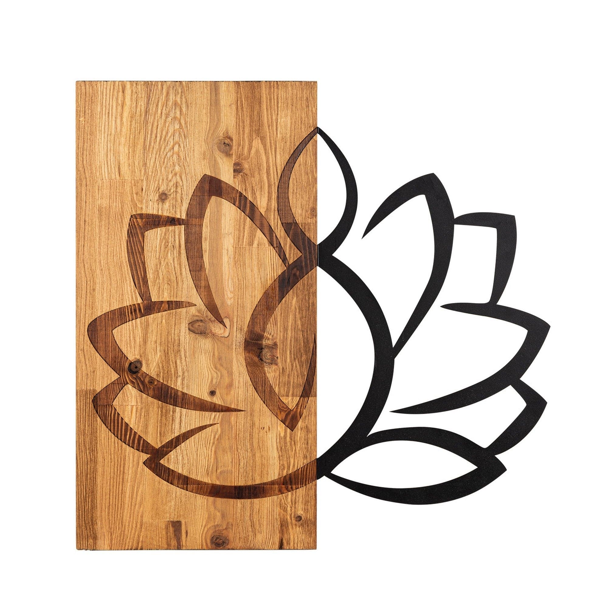 Decoratiune perete LOTUS, negru/stejar, metal/lemn, 58x58 cm