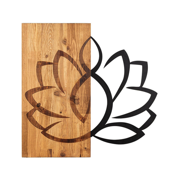 Decoratiune perete LOTUS, negru/stejar, metal/lemn, 58x58 cm