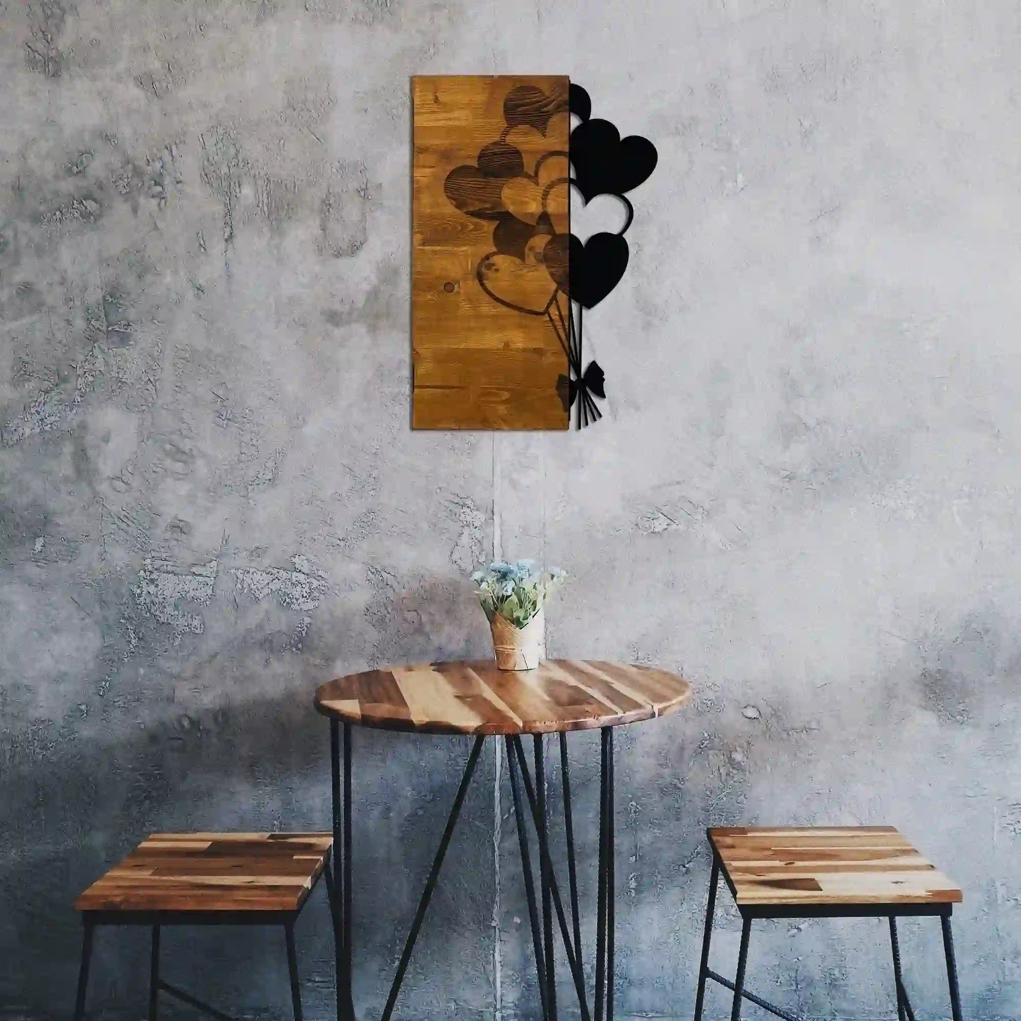 Decoratiune perete LOVE, nuc/negru, lemn/metal, 39x58 cm