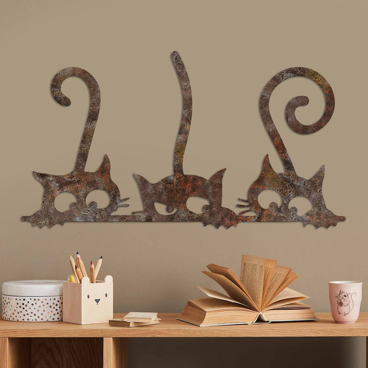 Decoratiune perete RUSTY CATS 1, maro, metal, 60x33 cm