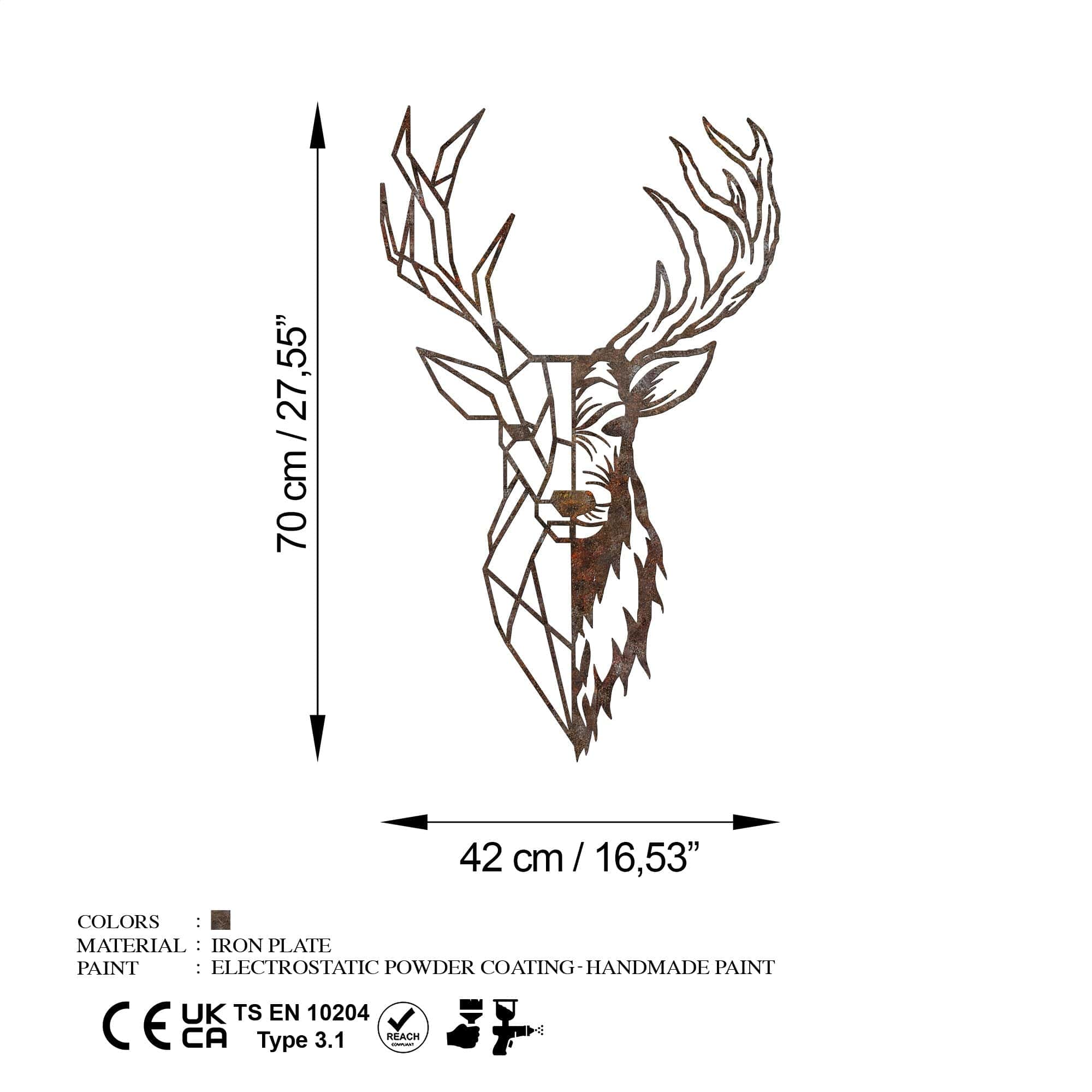 Decoratiune perete RUSTY DEER 3, maro, metal, 42x70 cm