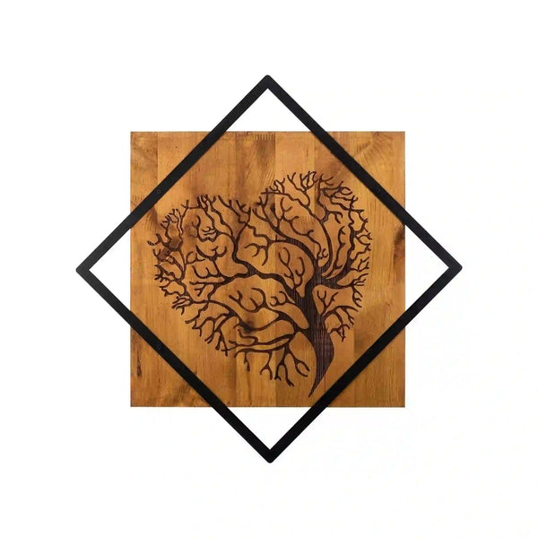 Decoratiune perete TREE 2, nuc/negru, lemn/metal, 54x54 cm