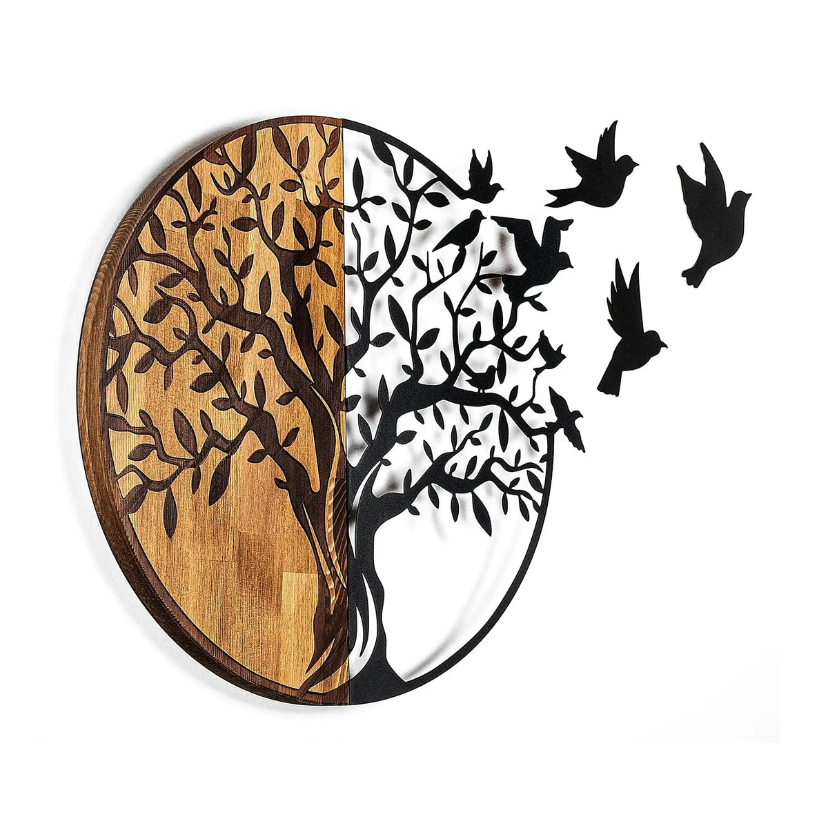 Decoratiune perete TREE AND BIRDS 322, negru/nuc, metal/lemn, 92x3x71 cm