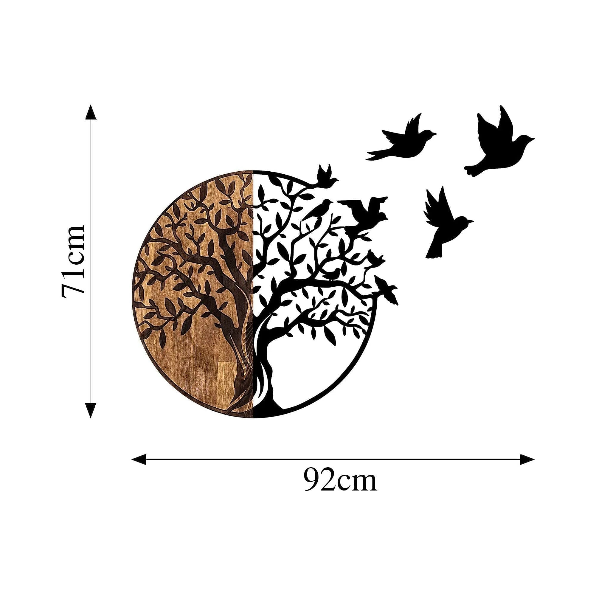 Decoratiune perete TREE AND BIRDS 322, negru/nuc, metal/lemn, 92x3x71 cm