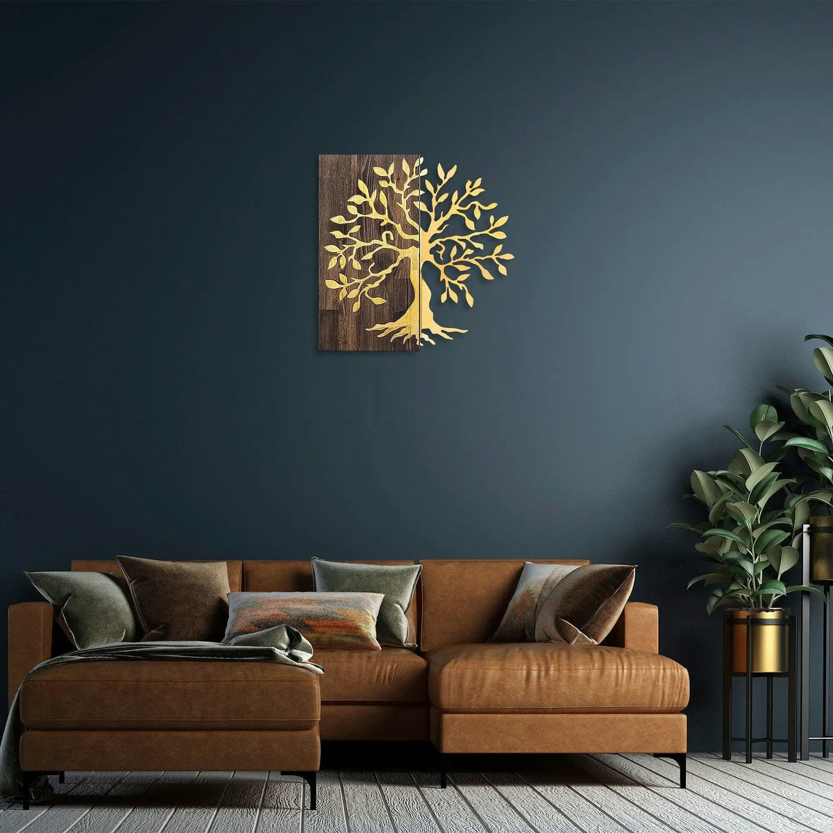Decoratiune perete TREE, nuc/auriu, lemn/metal, 58x58 cm
