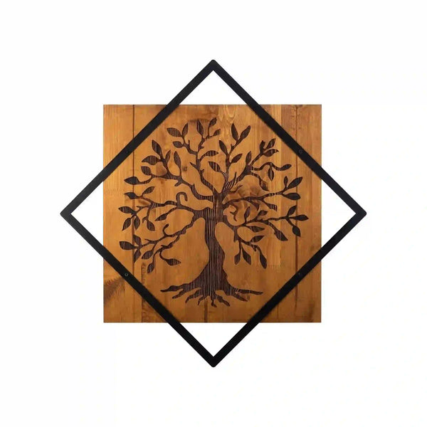 Decoratiune perete TREE, nuc/negru, lemn/metal, 54x54 cm