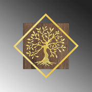 Decoratiune perete TREE V2, nuc/auriu, lemn/metal, 54x54 cm