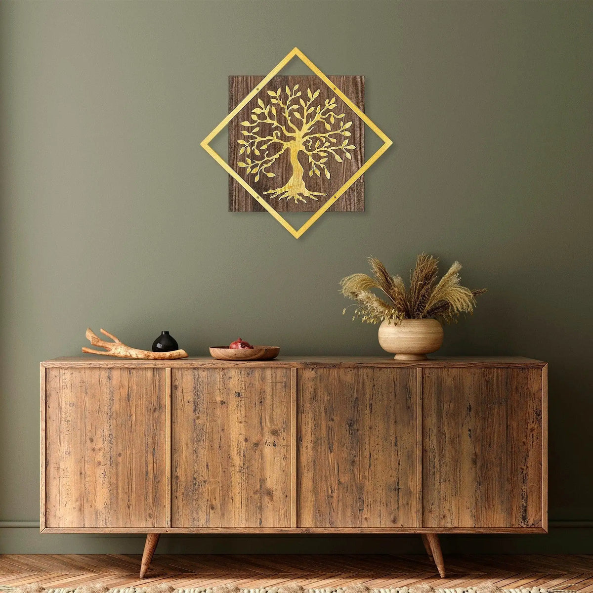 Decoratiune perete TREE V2, nuc/auriu, lemn/metal, 54x54 cm