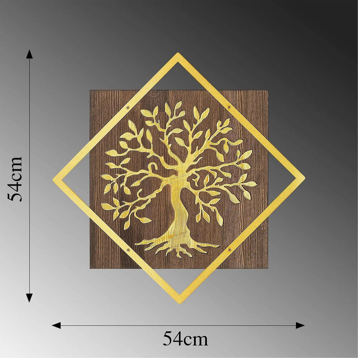 Decoratiune perete TREE V2, nuc/auriu, lemn/metal, 54x54 cm