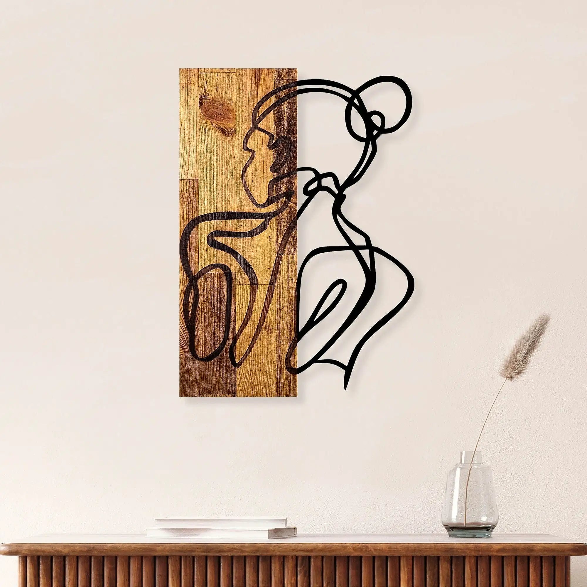 Decoratiune perete WOMAN BODY, stejar/negru, lemn/metal, 35x3x50 cm