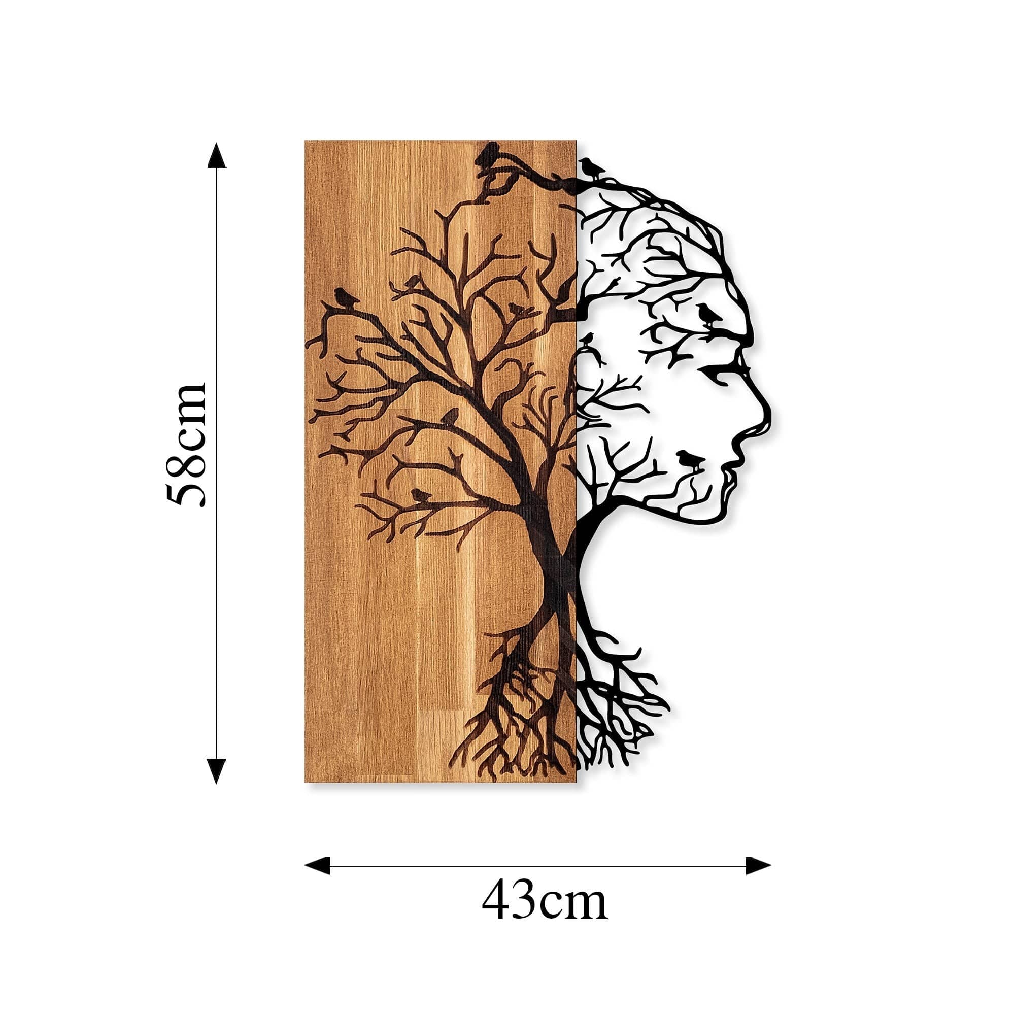 Decoratiune perete WOMAN FACE, stejar/negru, metal/lemn, 43x3x58 cm