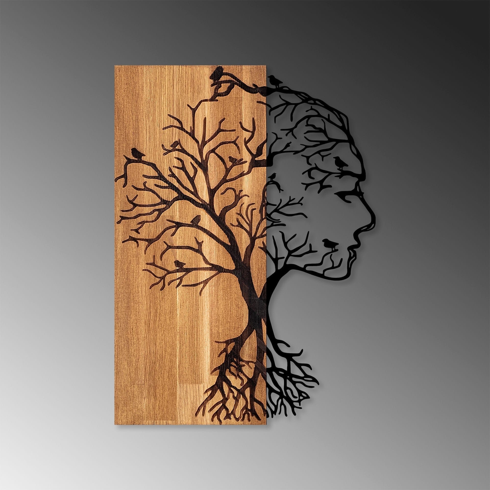 Decoratiune perete WOMAN FACE, stejar/negru, metal/lemn, 43x3x58 cm