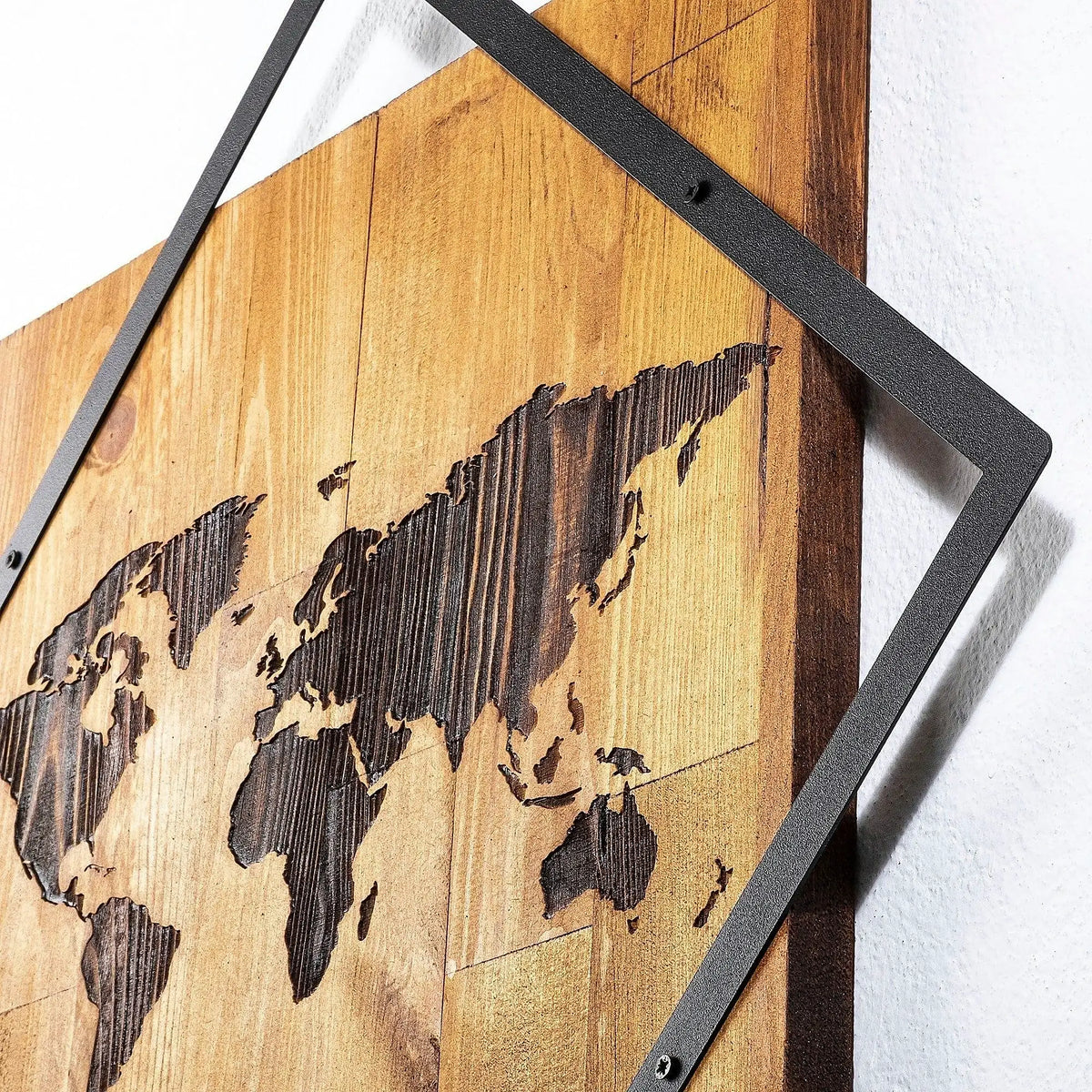 Decoratiune perete WORLD 2, stejar/negru, lemn/metal, 54x54 cm