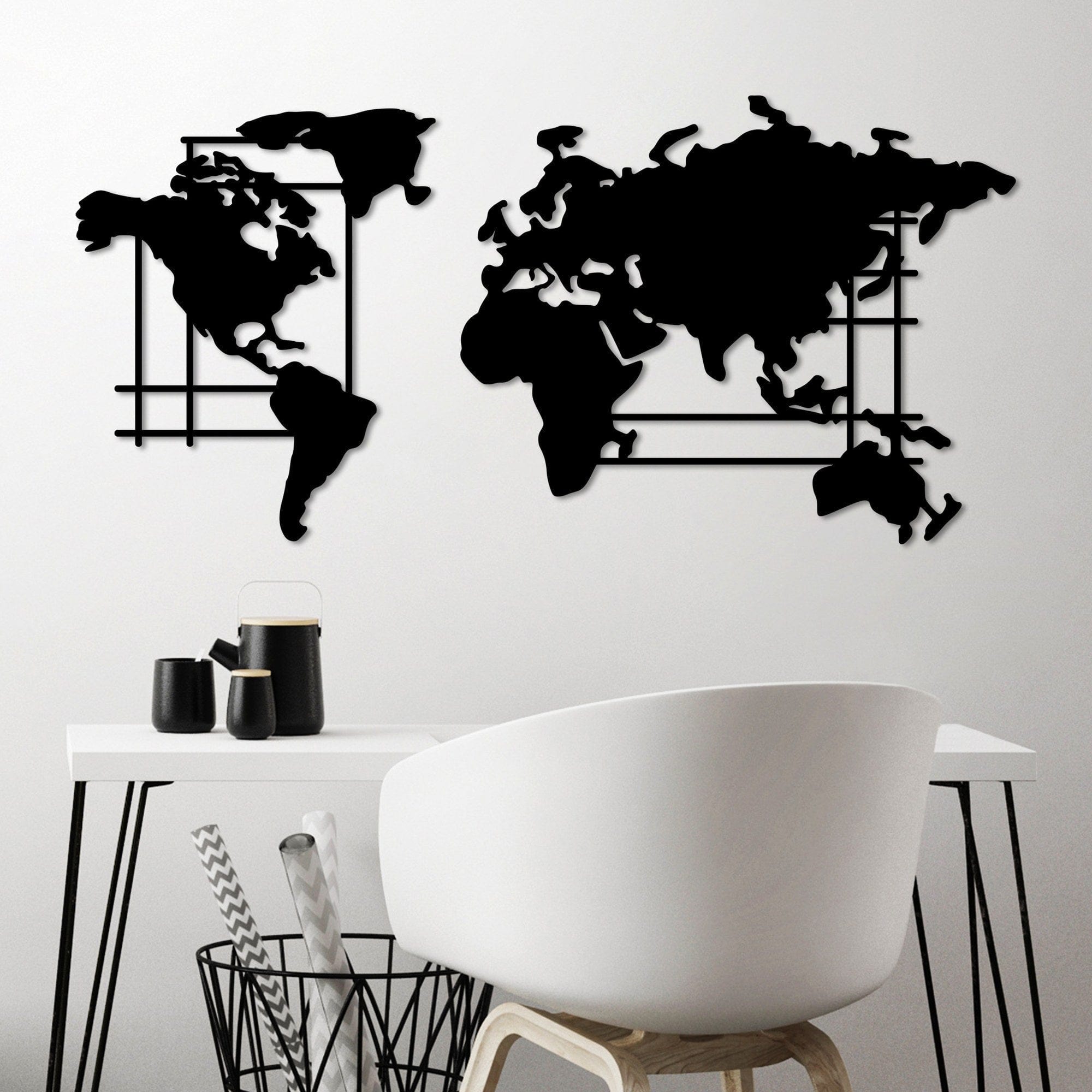 Decoratiune perete WORLD MAP-L, negru, metal, 120x56 cm