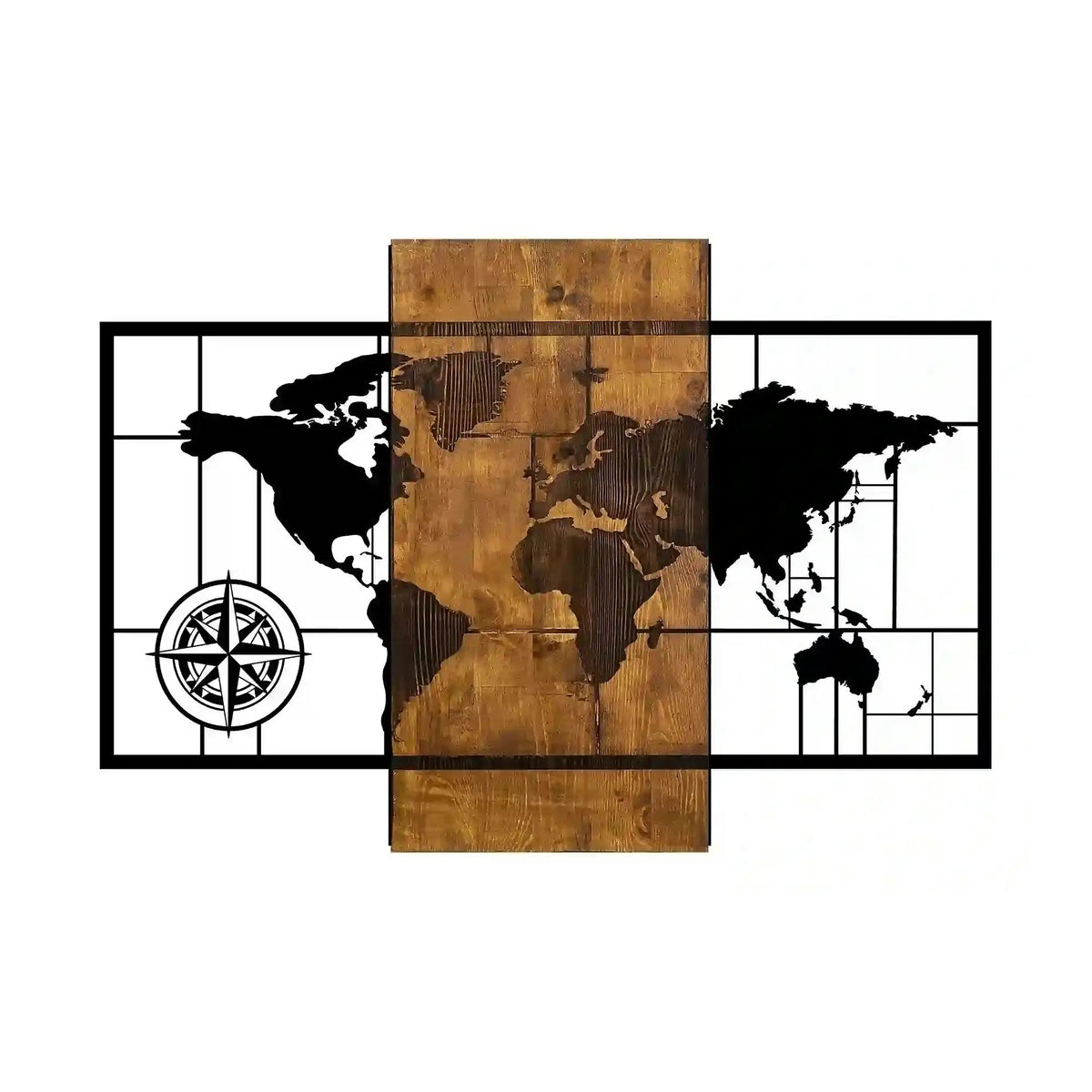 Decoratiune perete WORLD MAP WITH COMPASS, negru/nuc, lemn/metal, 85x58 cm