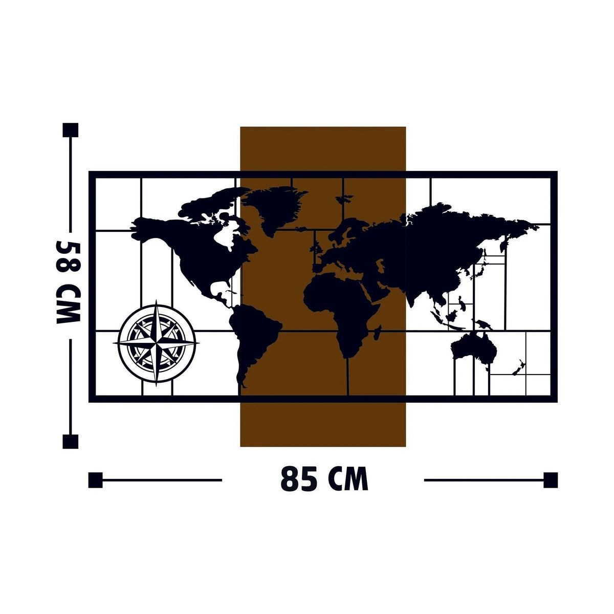 Decoratiune perete WORLD MAP WITH COMPASS, negru/nuc, lemn/metal, 85x58 cm