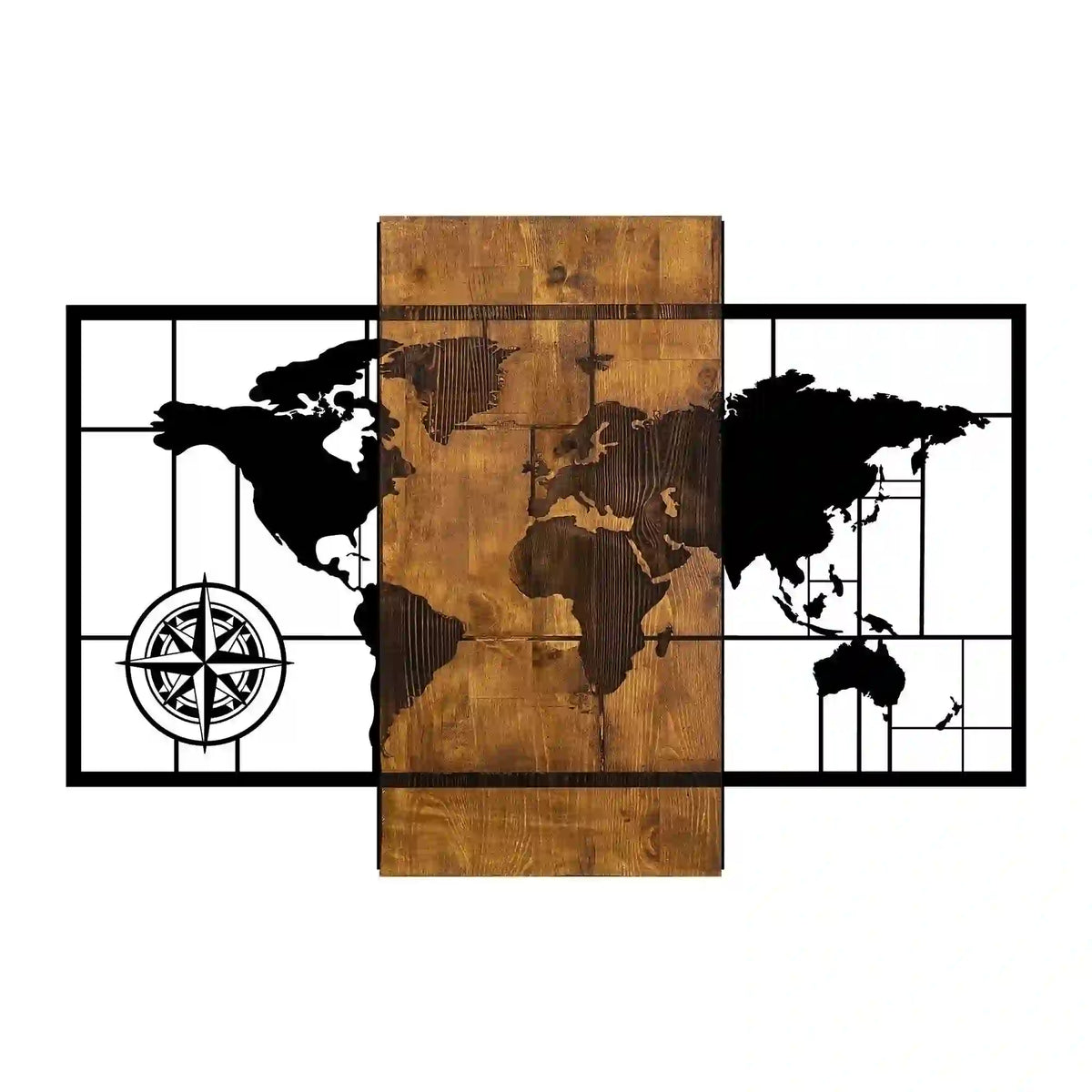 Decoratiune perete WORLD MAP WITH COMPASS, negru/nuc, lemn/metal, 85x58 cm