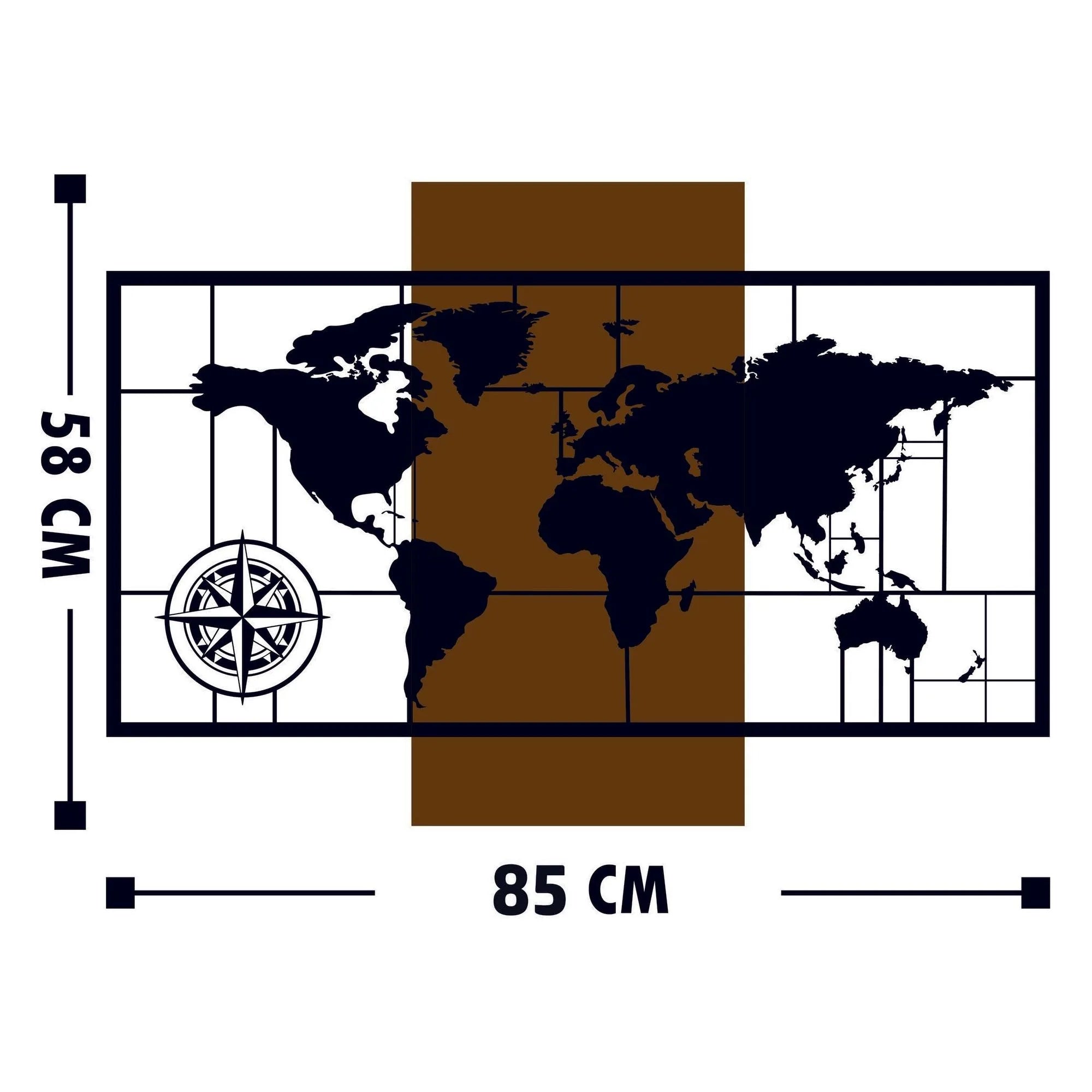 Decoratiune perete WORLD MAP WITH COMPASS, negru/nuc, lemn/metal, 85x58 cm