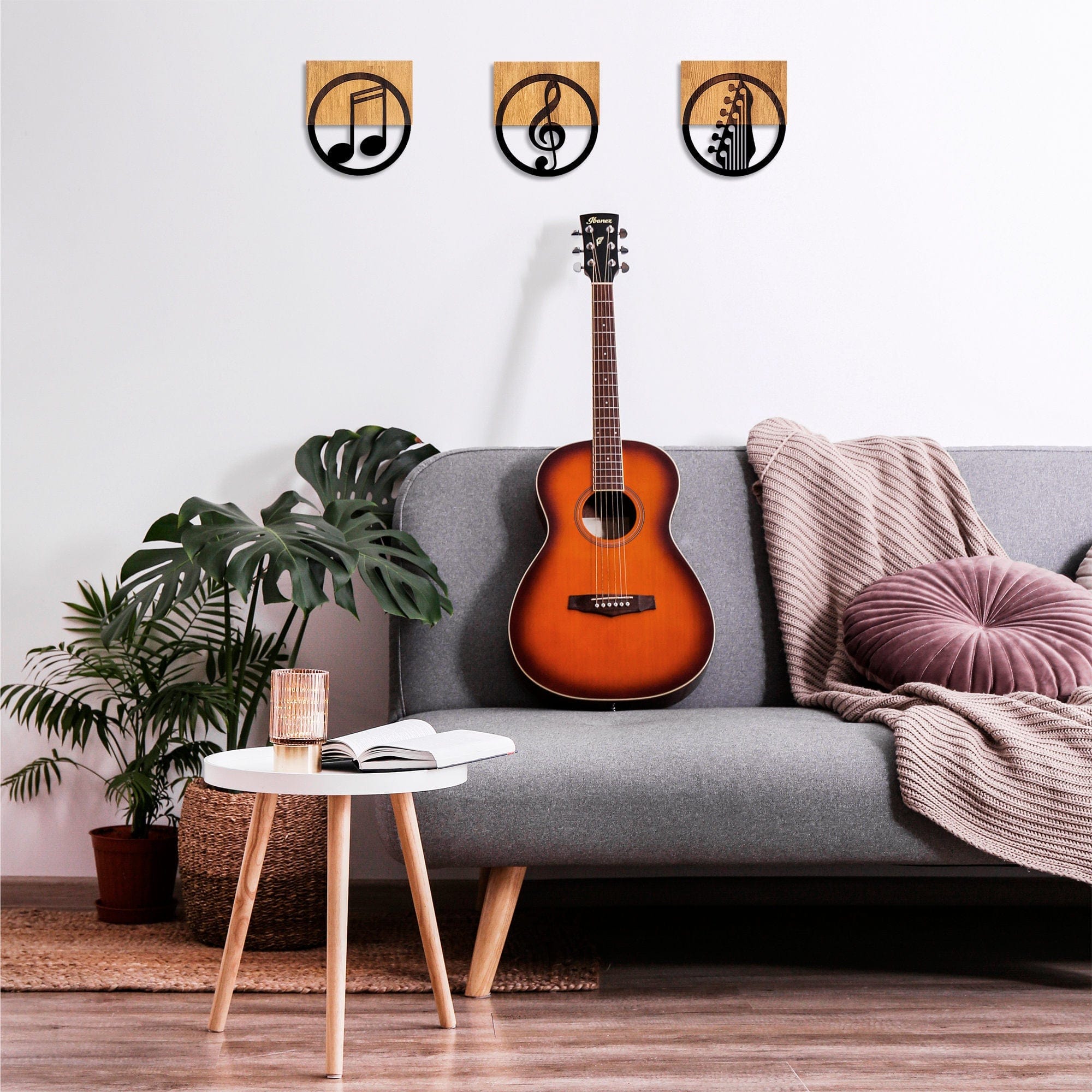 Decoratiuni perete JUST MUSIC - 334, negru/stejar, metal/lemn, 25x3x27 cm