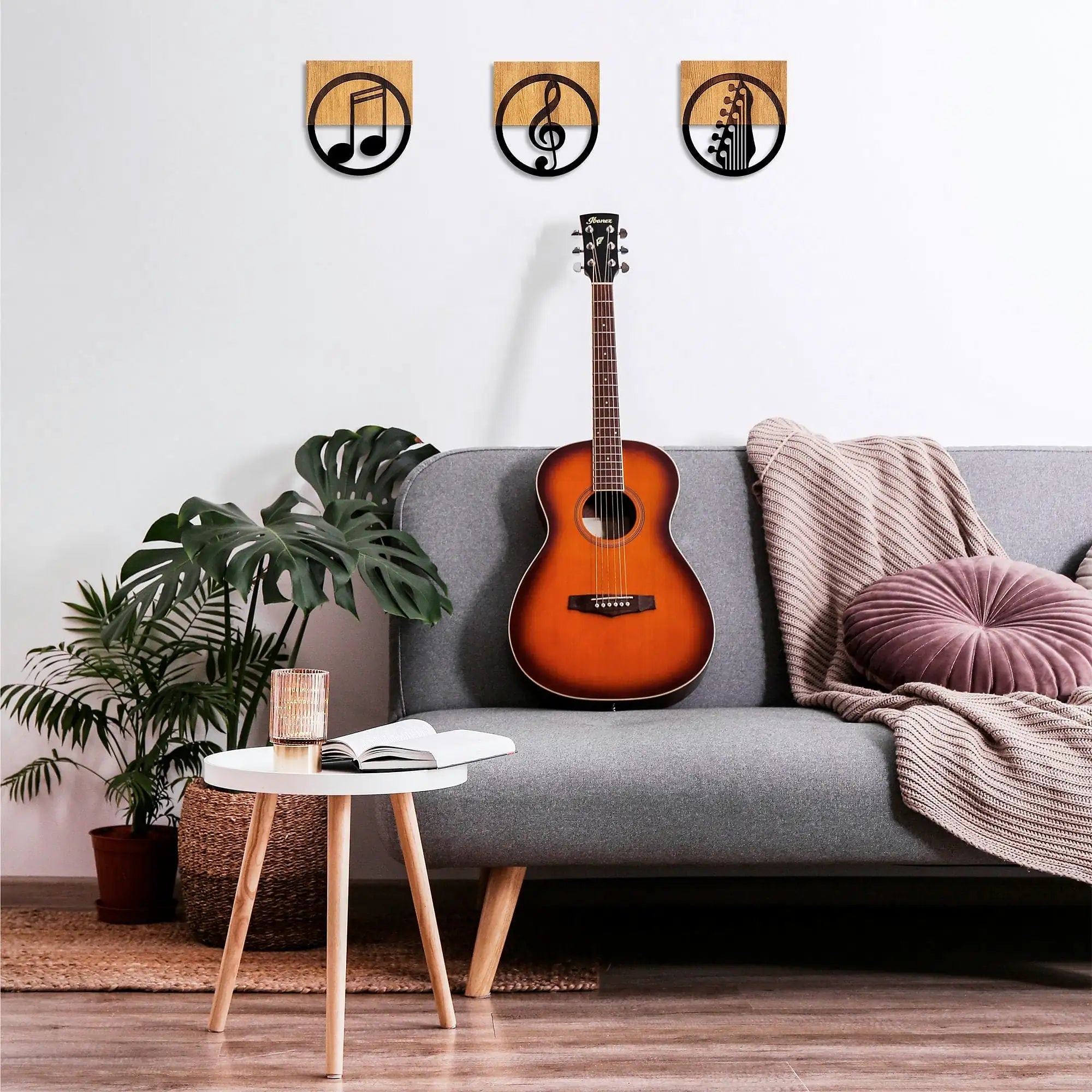 Decoratiuni perete JUST MUSIC - 334, negru/stejar, metal/lemn, 25x3x27 cm