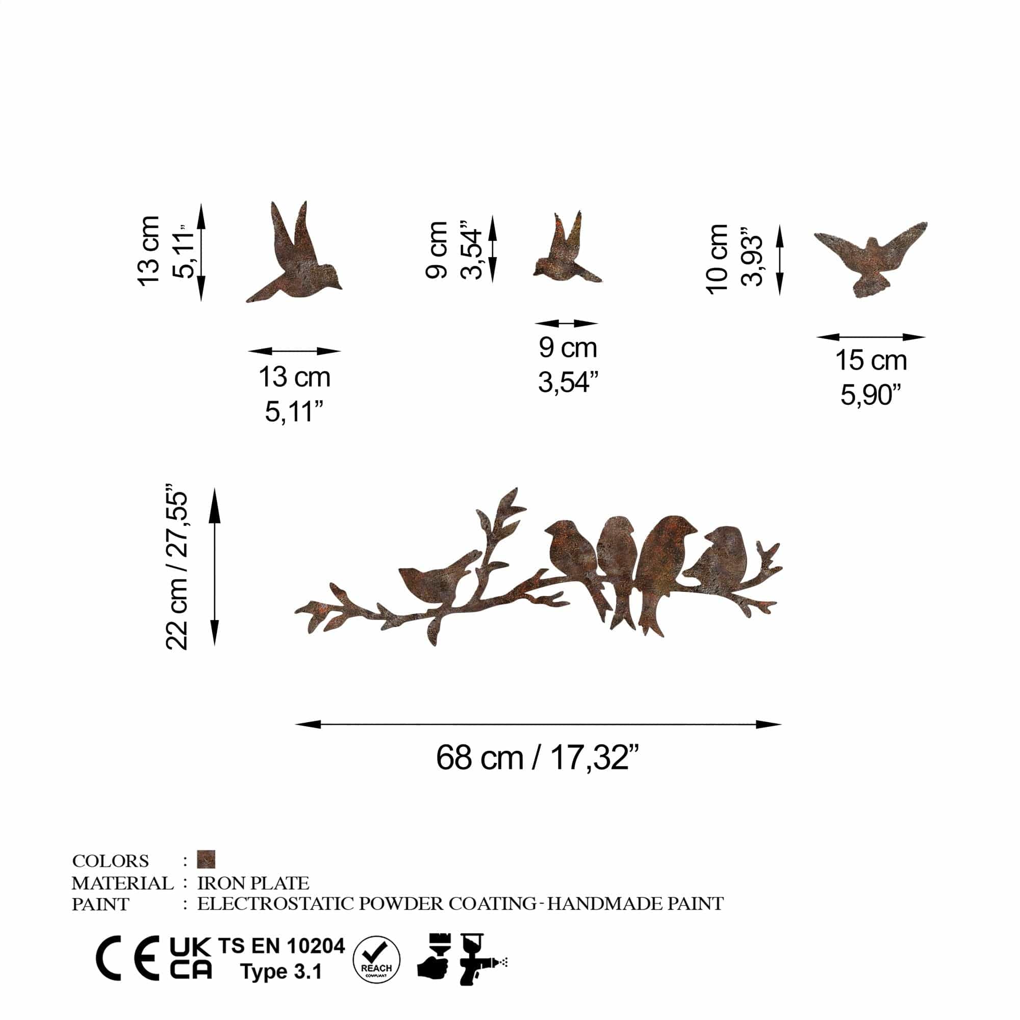 Decoratiuni perete RUSTY BIRDS 2, maro, metal, 68x22 cm