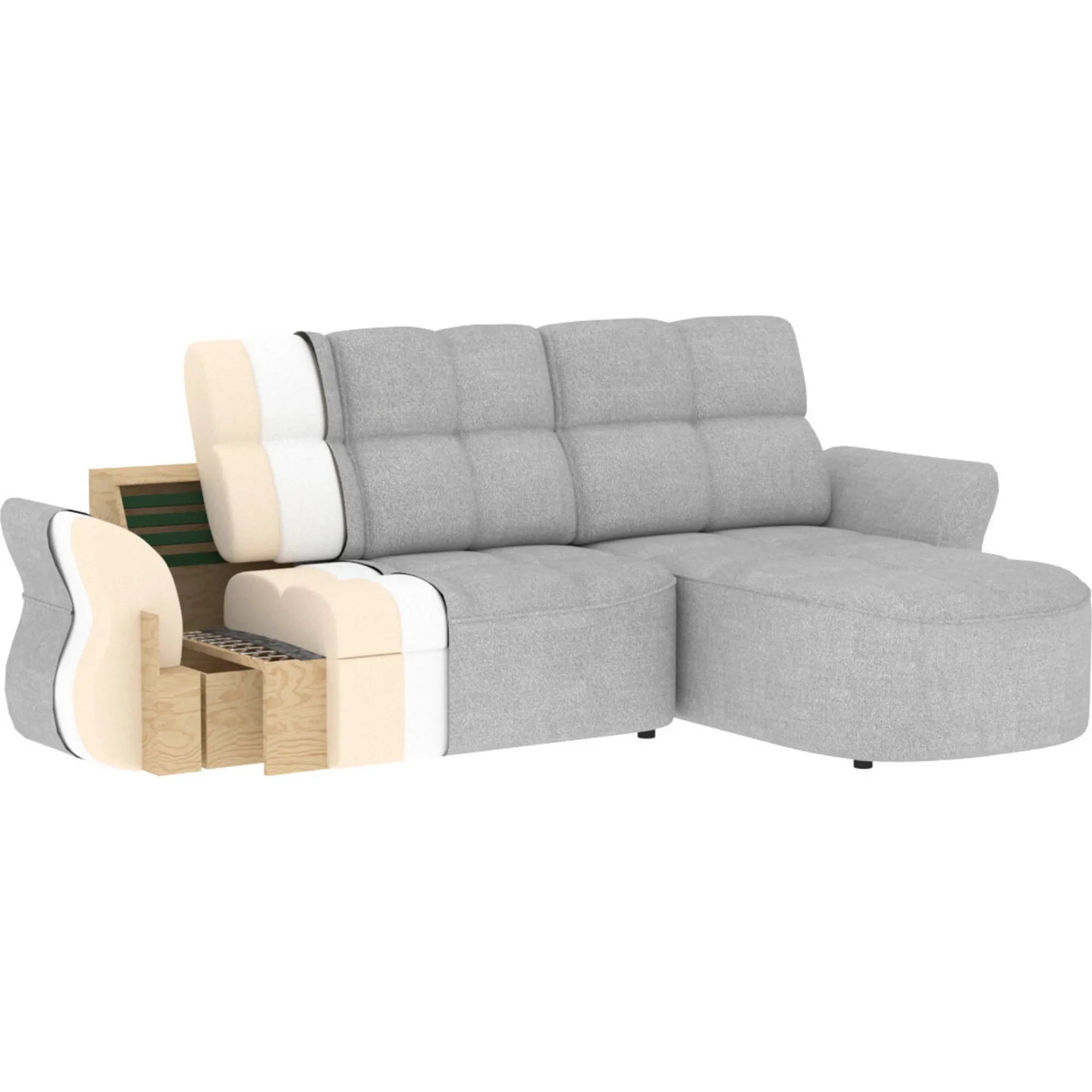 Coltar BENETH, sezlong dreapta, stofa clasica gri - Breona 04, cu reglaj electric, tetiere reglabile si lada depozitare, 301x185x115 cm