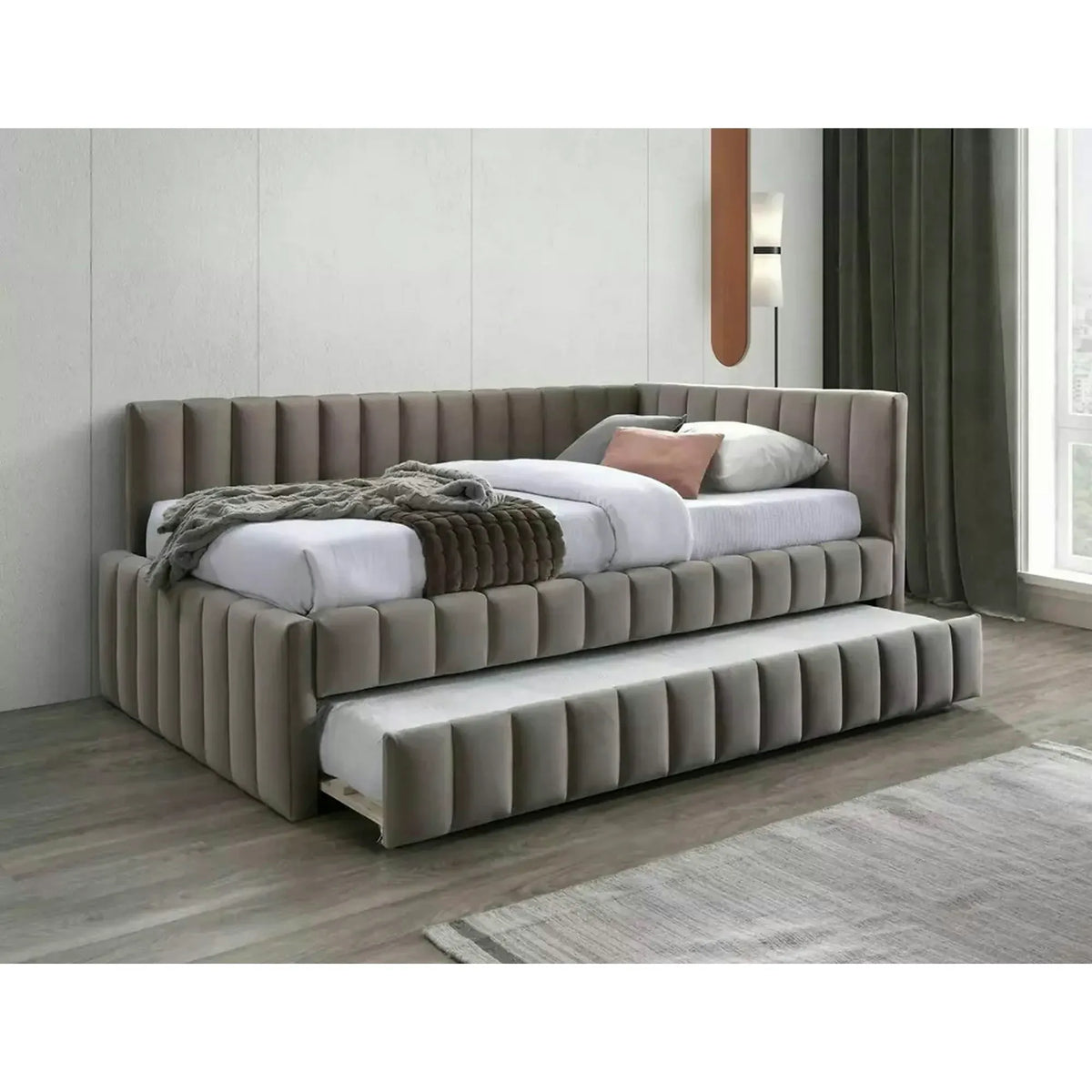 Divan 120 x 200 ALFIE, stofa catifelata bej - Bluvel 40, cu somiera si corp aditional