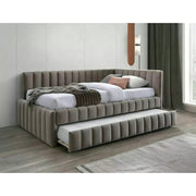 Divan 120 x 200 ALFIE, stofa catifelata bej - Bluvel 40, cu somiera si corp aditional
