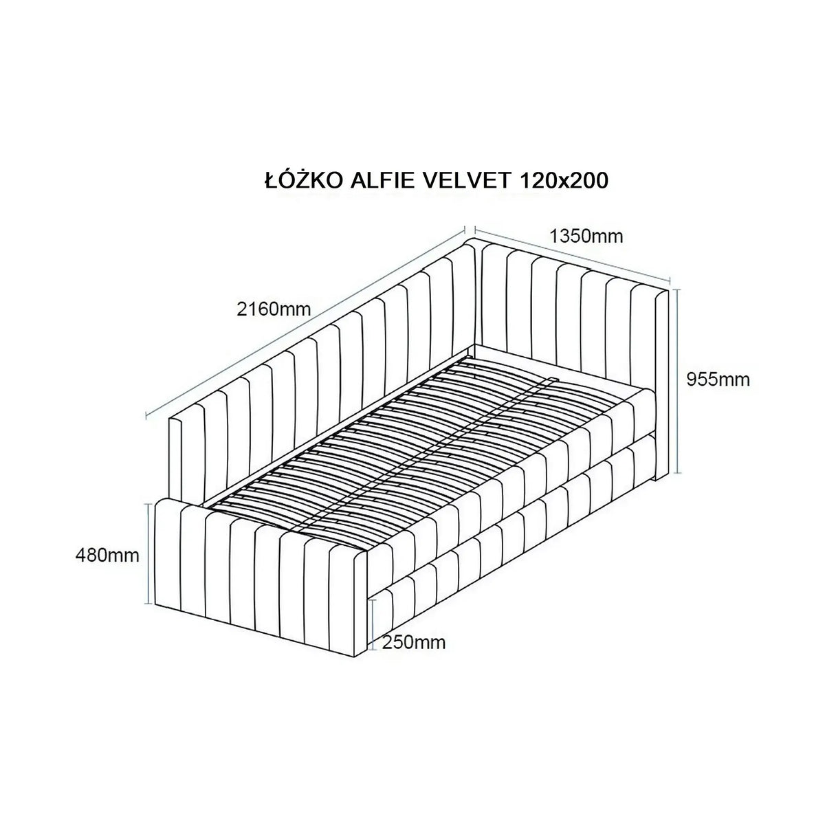 Divan 120 x 200 ALFIE, stofa catifelata bej - Bluvel 40, cu somiera si corp aditional