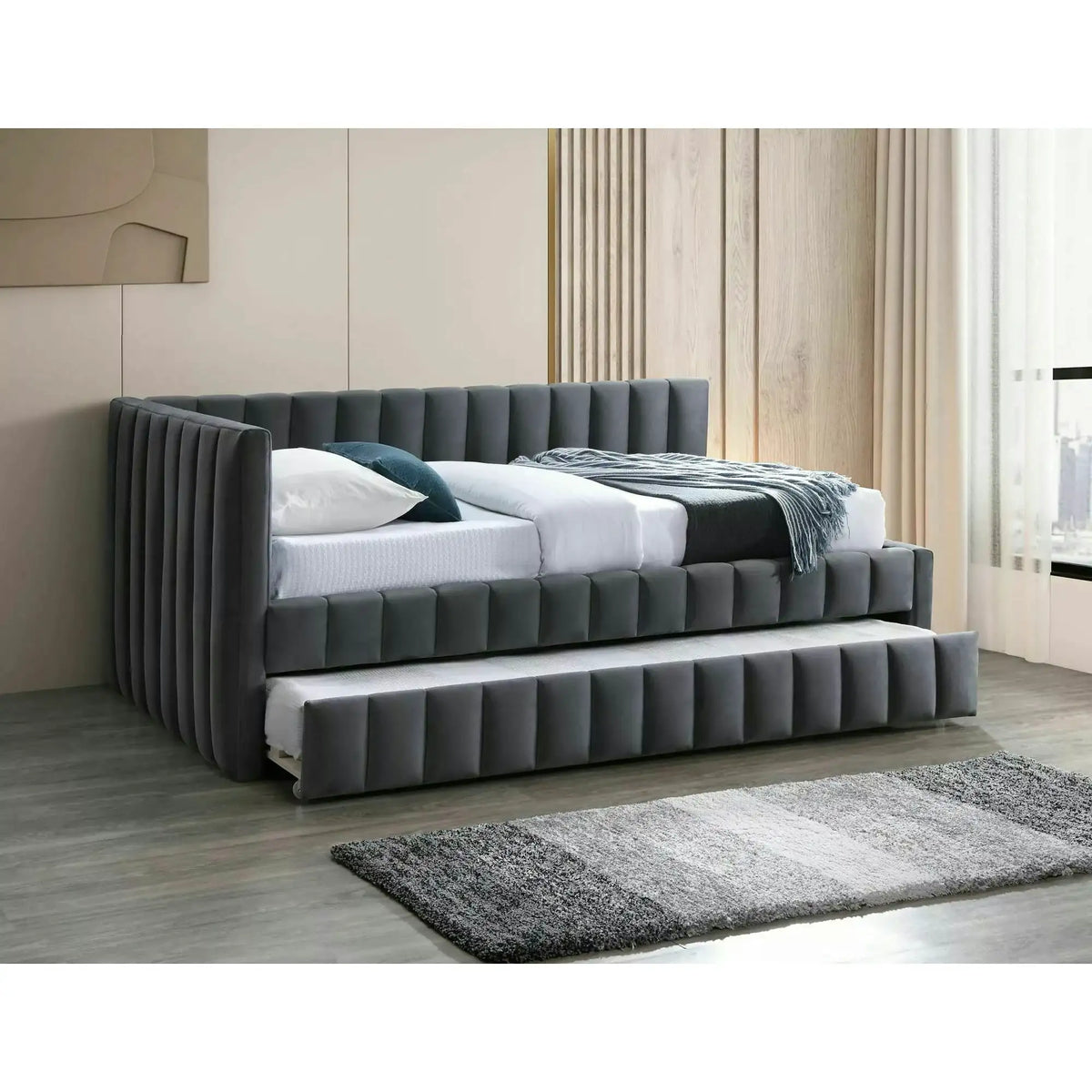 Divan 120x200 ALFIE, stofa catifelata gri - Bluvel 14, cu somiera si corp aditional