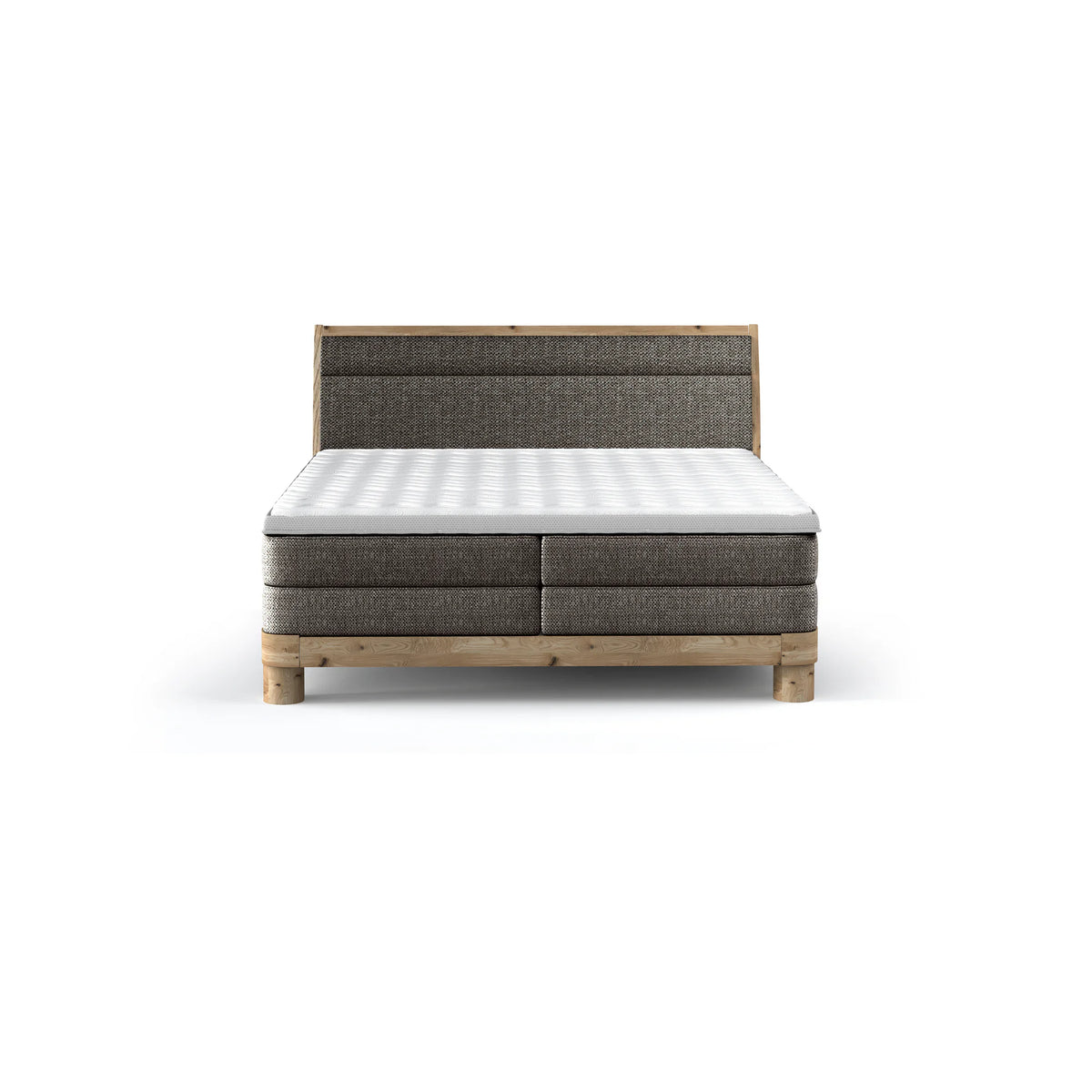 Pat lemn cu tablie tapitata DONNA 160x200, stofa catifelata bej - Shanghai 02, Gama Premium, cu saltea si topper