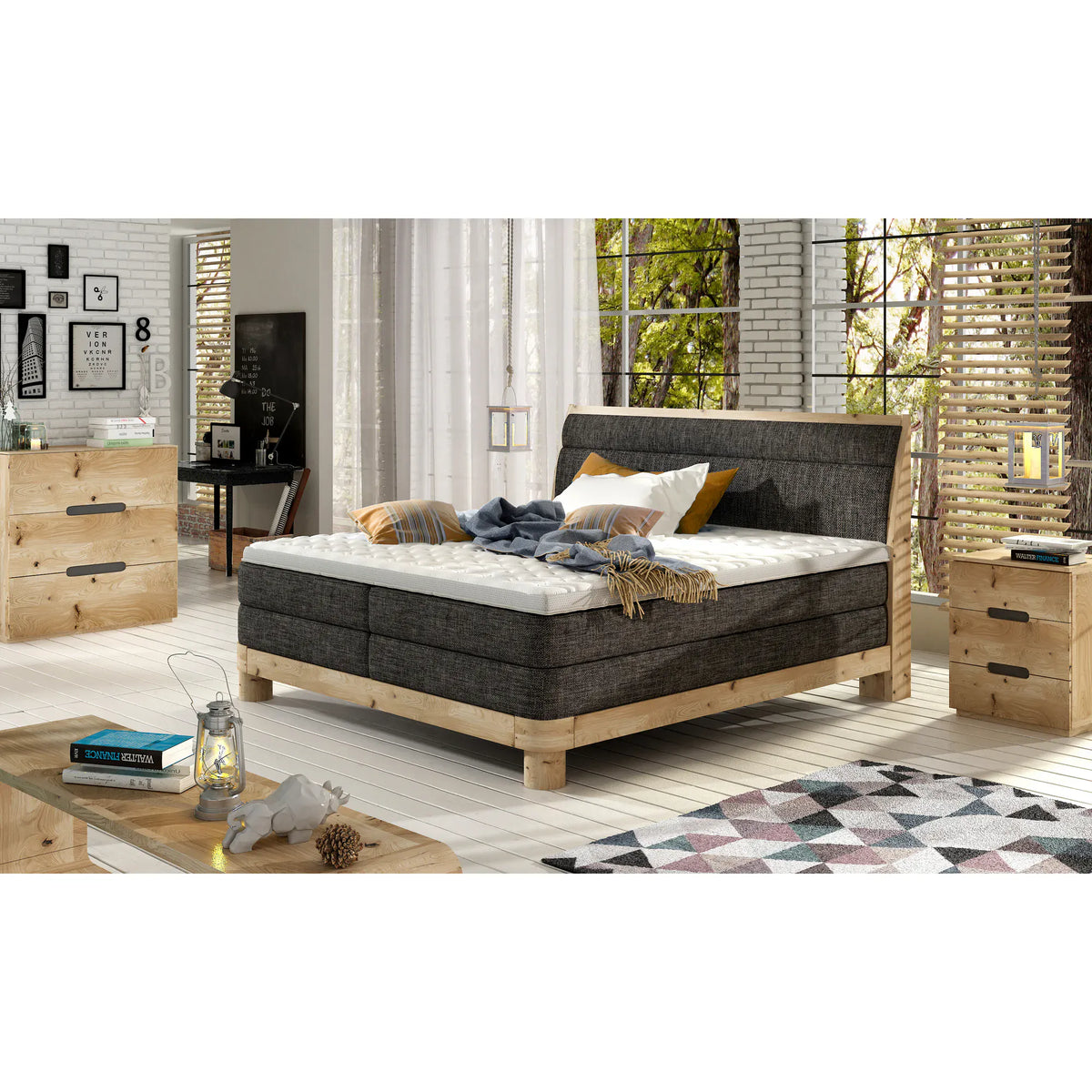 Pat lemn cu tablie tapitata DONNA 160x200, stofa catifelata bej - Shanghai 02, Gama Premium, cu saltea si topper