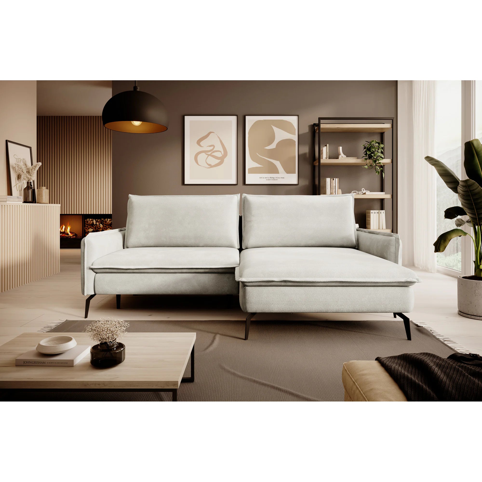 Coltar extensibil GLOSSY, sezlong dreapta, stofa catifelata bej - Riviera 16, cu lada depozitare, 226x162x88 cm