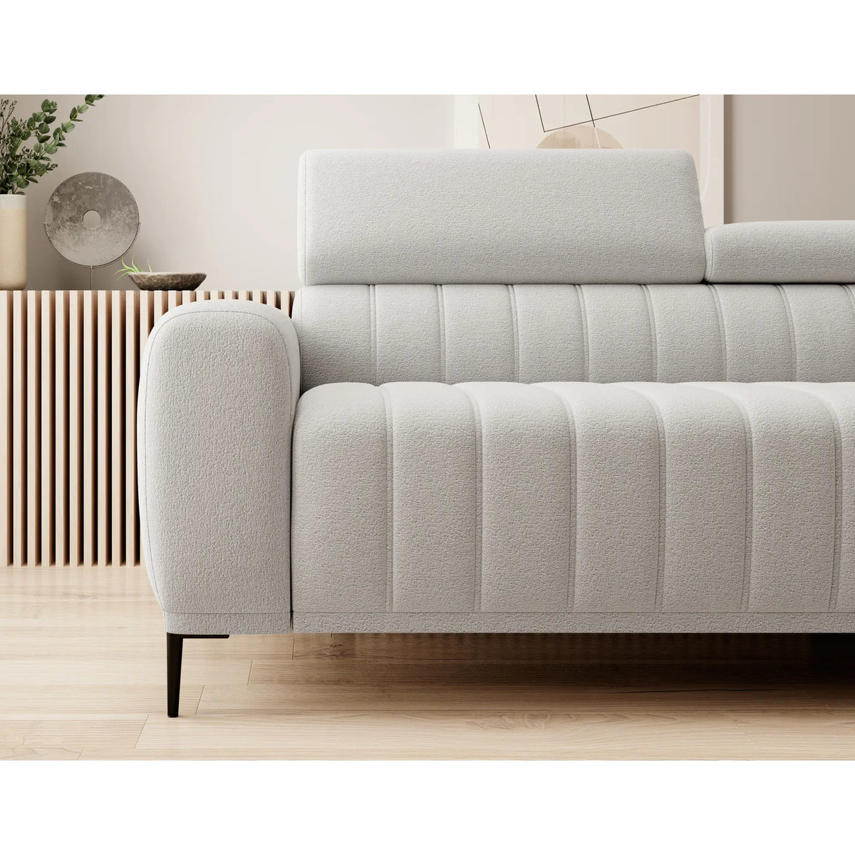 Coltar extensibil GANDI 160, sezlong dreapta, stofa catifelata bej - Vogue 02, Gama Premium, cu lada depozitare, 301x204x99 cm