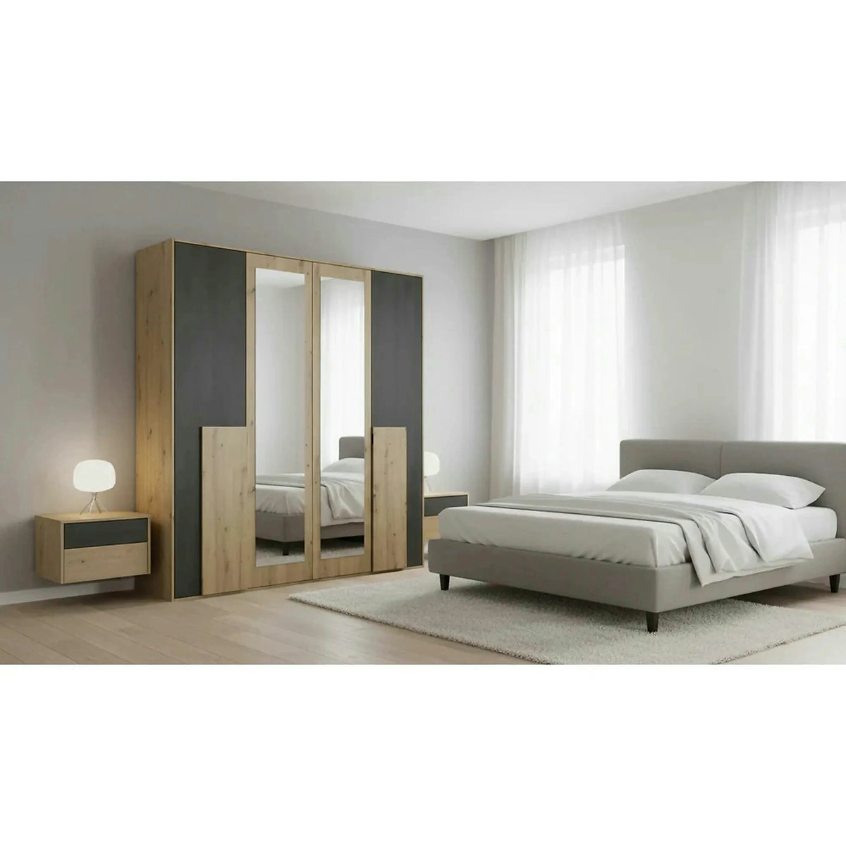 Dressing BAFRA, stejar artisan/pin negru, PAL laminat, cu 4 usi, 200x65x203 cm