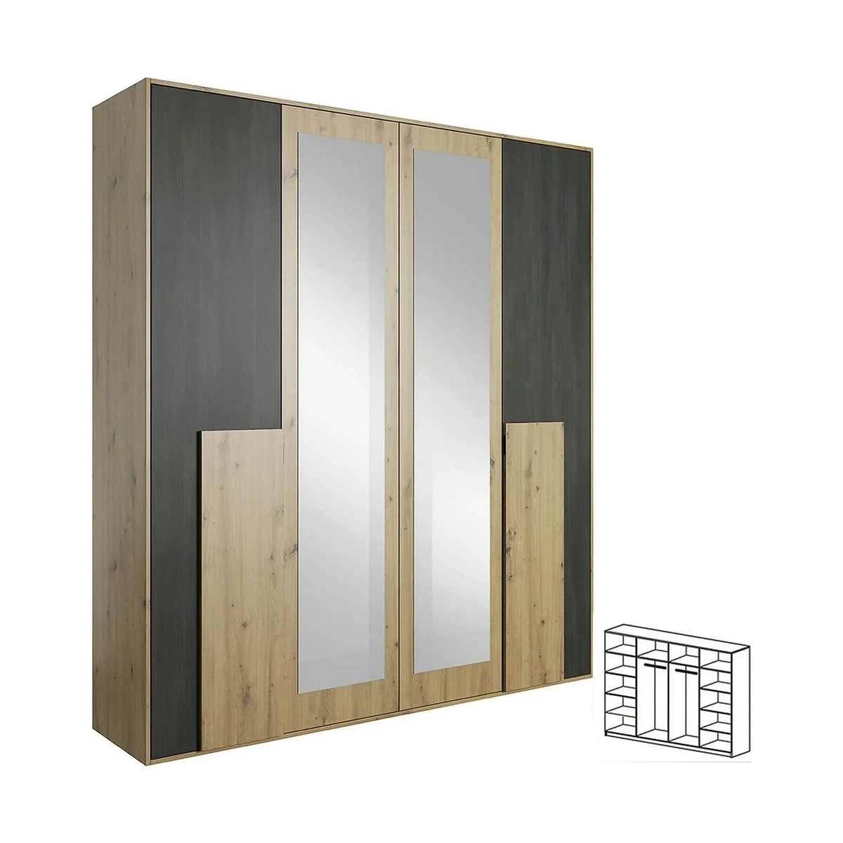 Dressing BAFRA, stejar artisan/pin negru, PAL laminat, cu 4 usi, 200x65x203 cm