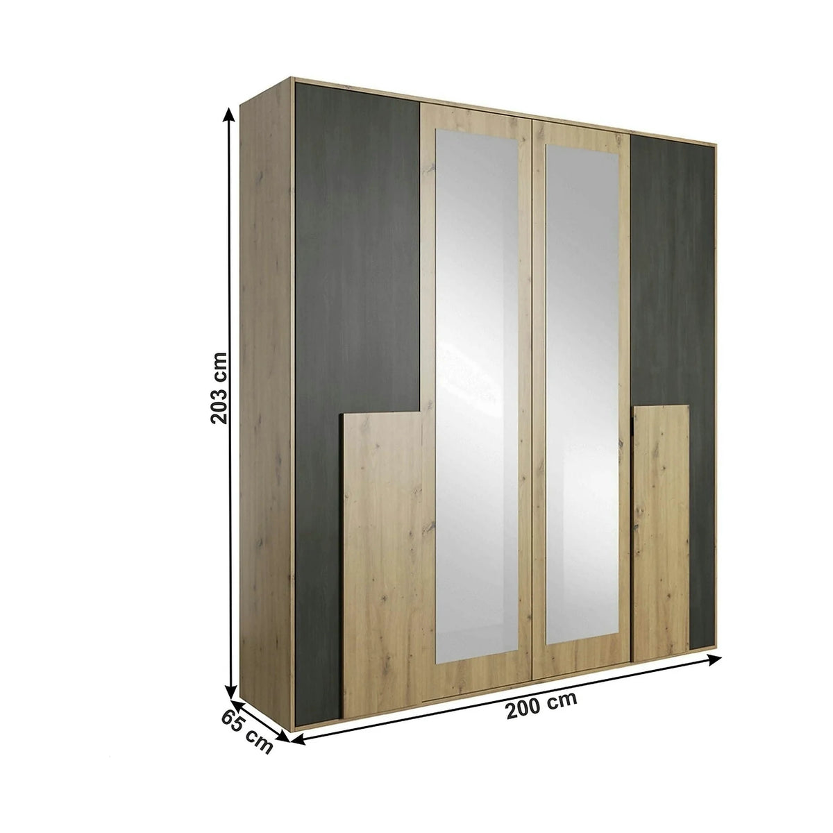 Dressing BAFRA, stejar artisan/pin negru, PAL laminat, cu 4 usi, 200x65x203 cm